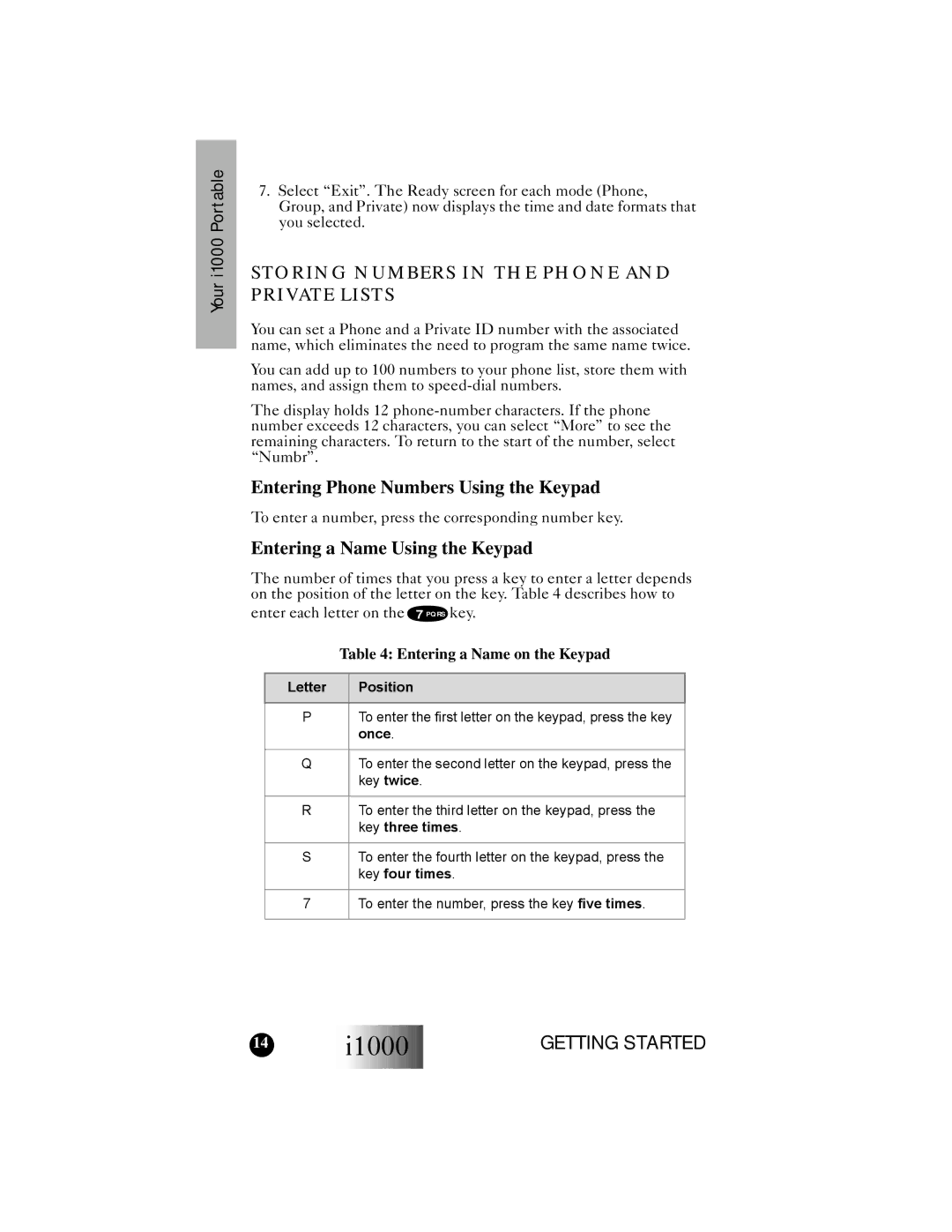 Motorola i1000 Storing Numbers in the Phone and Private Lists, Entering Phone Numbers Using the Keypad, Letter Position 