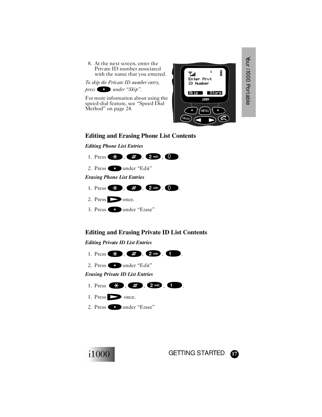 Motorola i1000 manual Editing and Erasing Phone List Contents, Editing and Erasing Private ID List Contents 