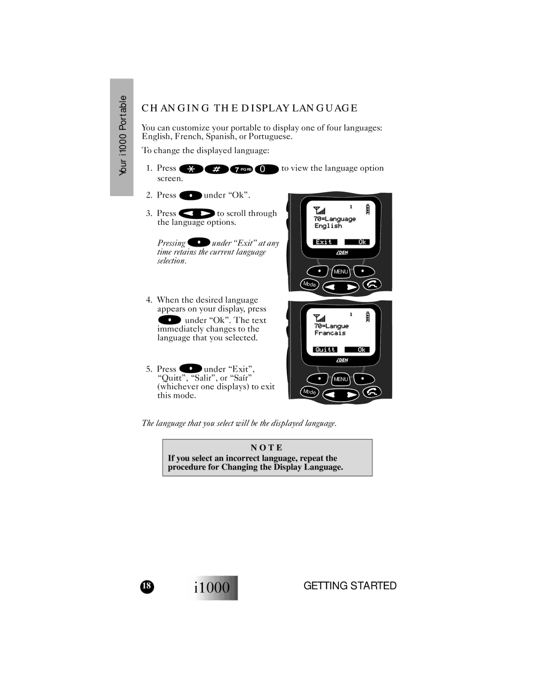 Motorola i1000 manual I1000 Portable, Changing the Display Language 