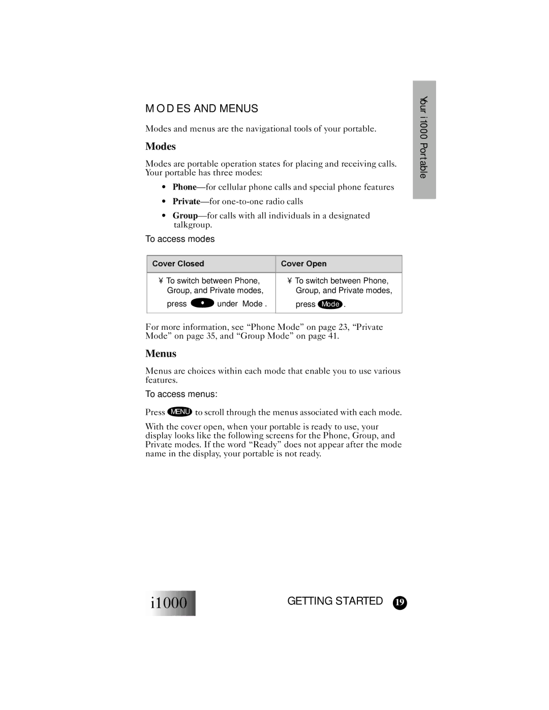 Motorola i1000 manual Modes and Menus, Cover Closed Cover Open 