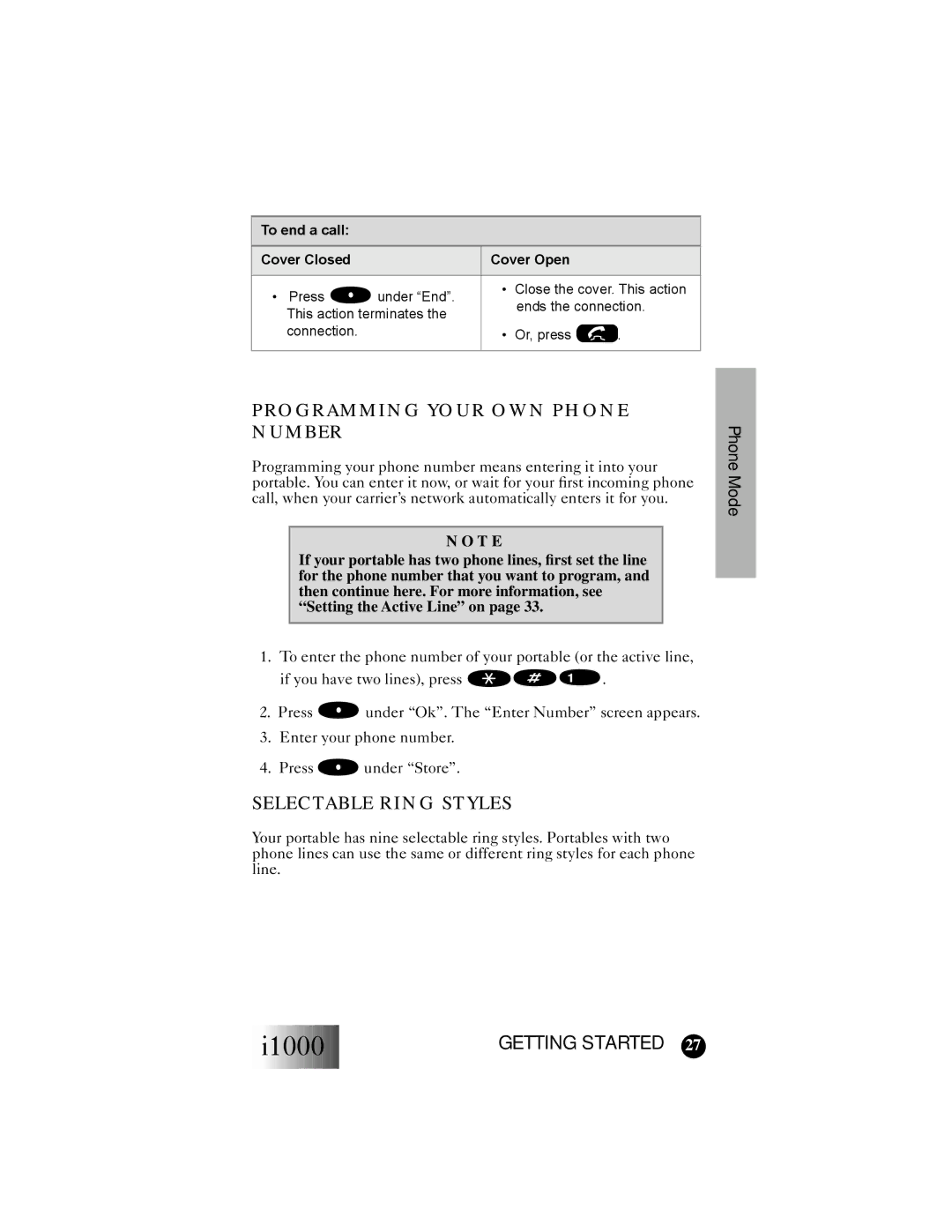 Motorola i1000 manual Programming Your OWN Phone Number, Selectable Ring Styles, To end a call Cover Closed Cover Open 