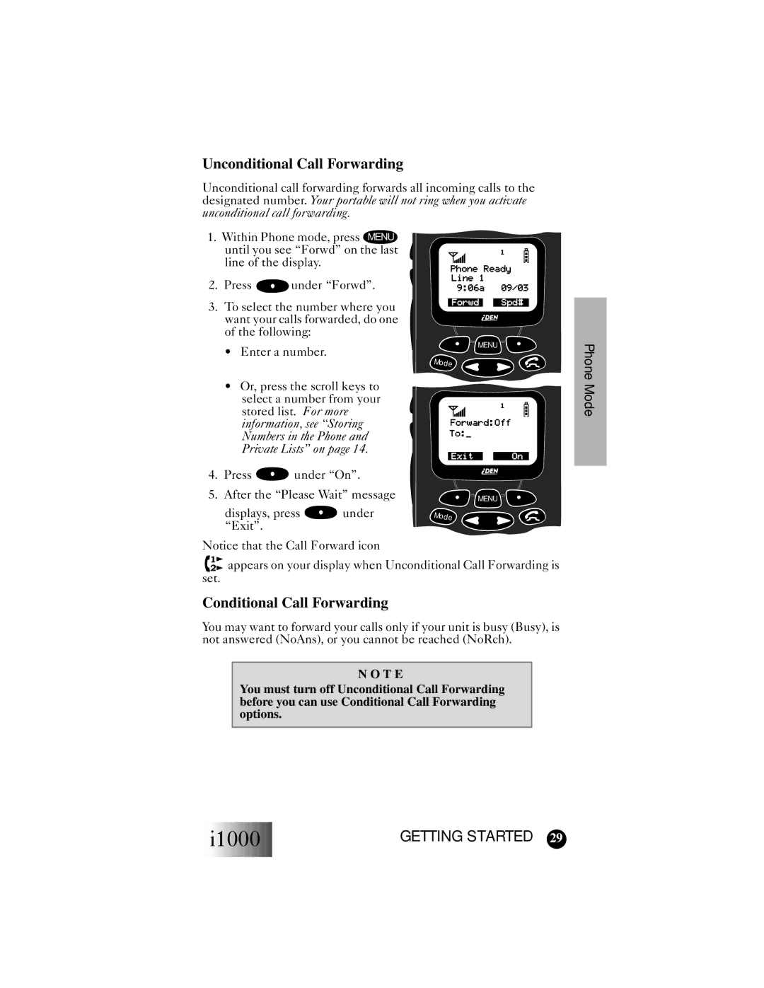 Motorola i1000 manual Unconditional Call Forwarding, Conditional Call Forwarding 