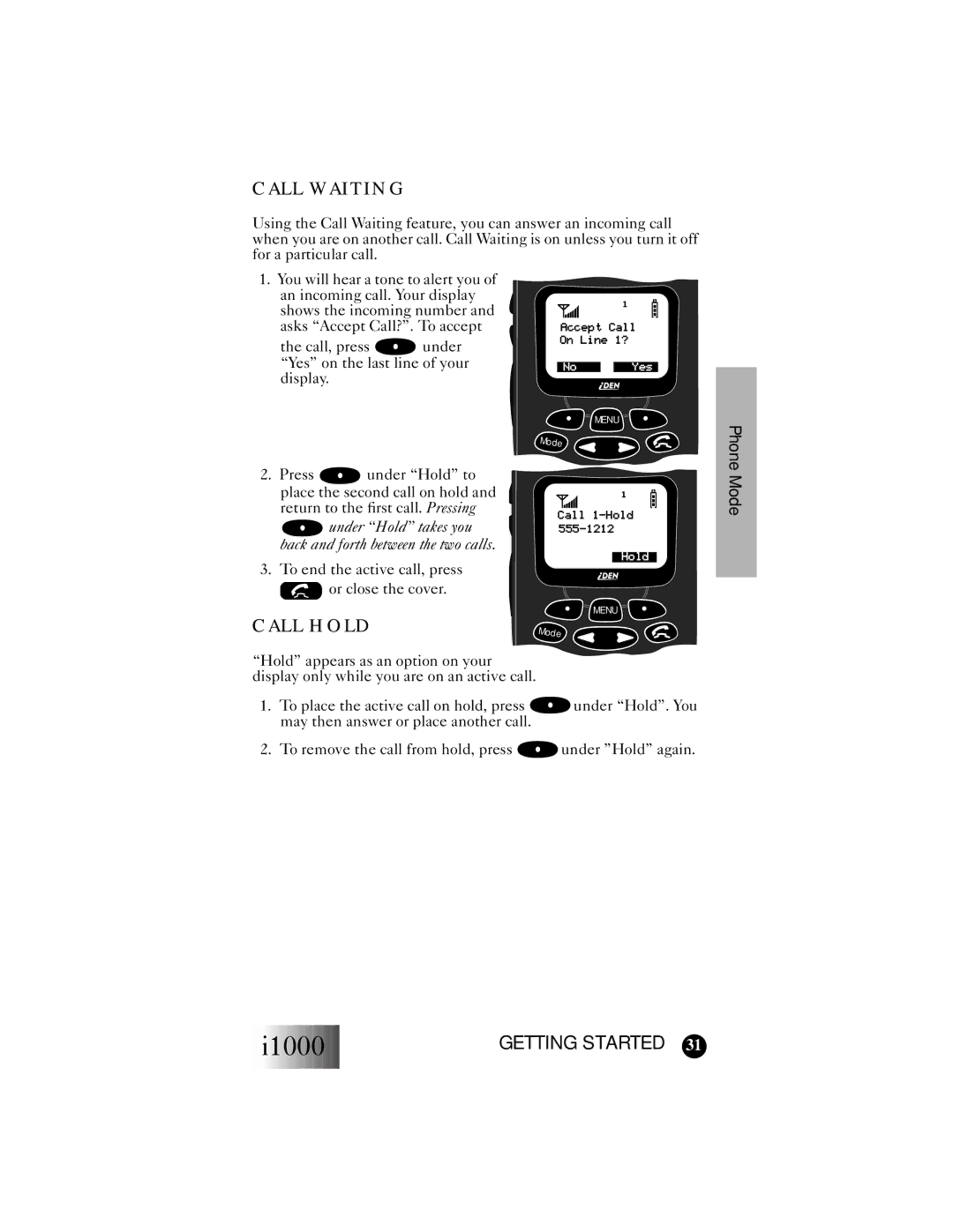 Motorola i1000 manual Call Waiting, Call Hold 