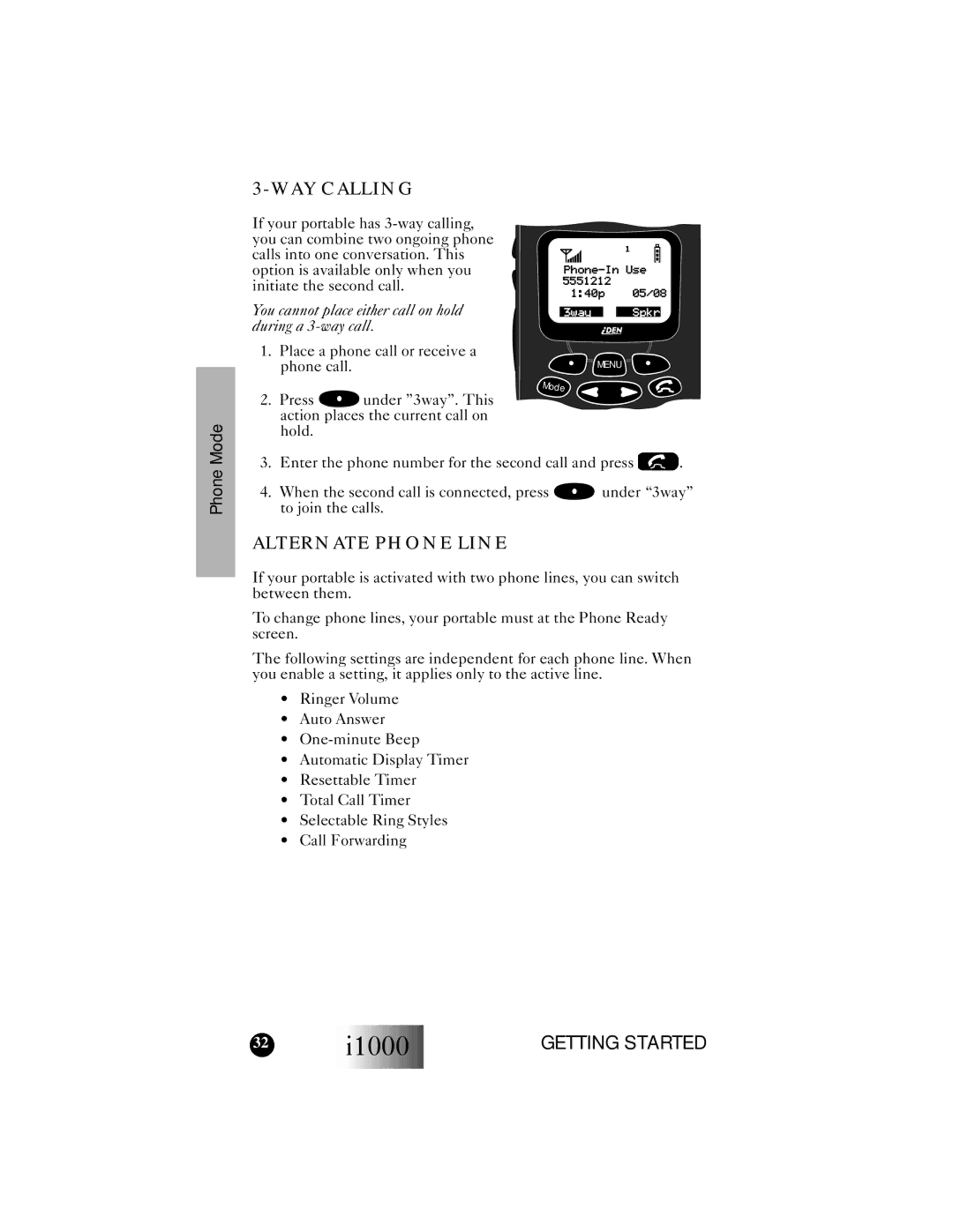 Motorola i1000 manual WAY Calling, Alternate Phone Line 