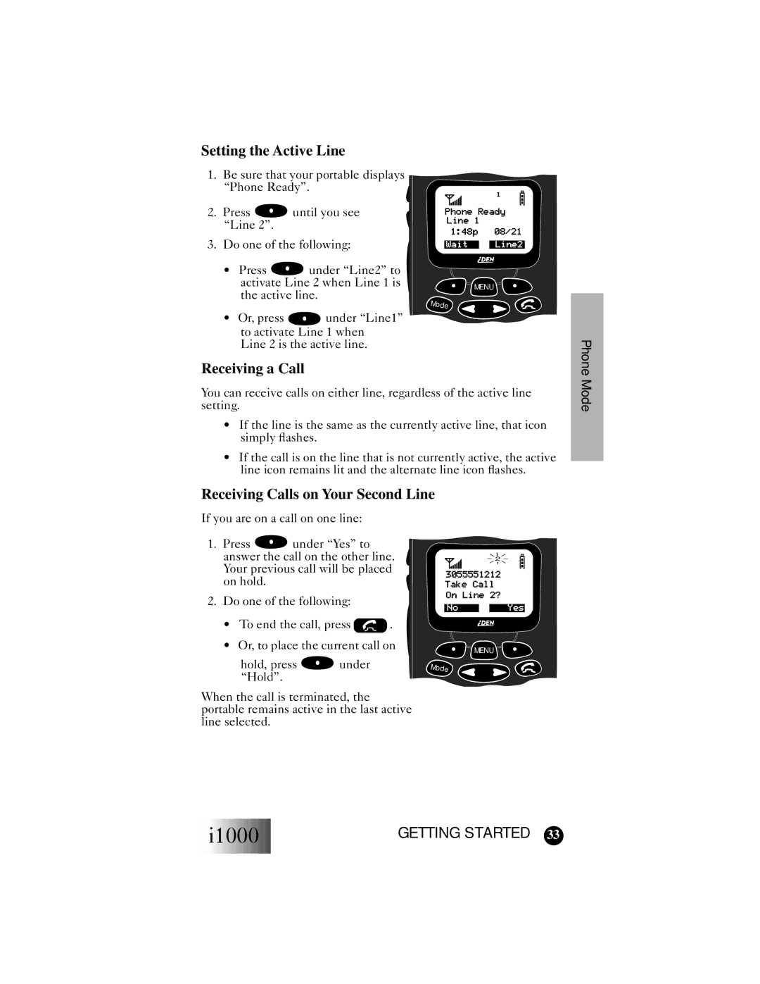 Motorola i1000 manual Setting the Active Line, Receiving a Call, Receiving Calls on Your Second Line 