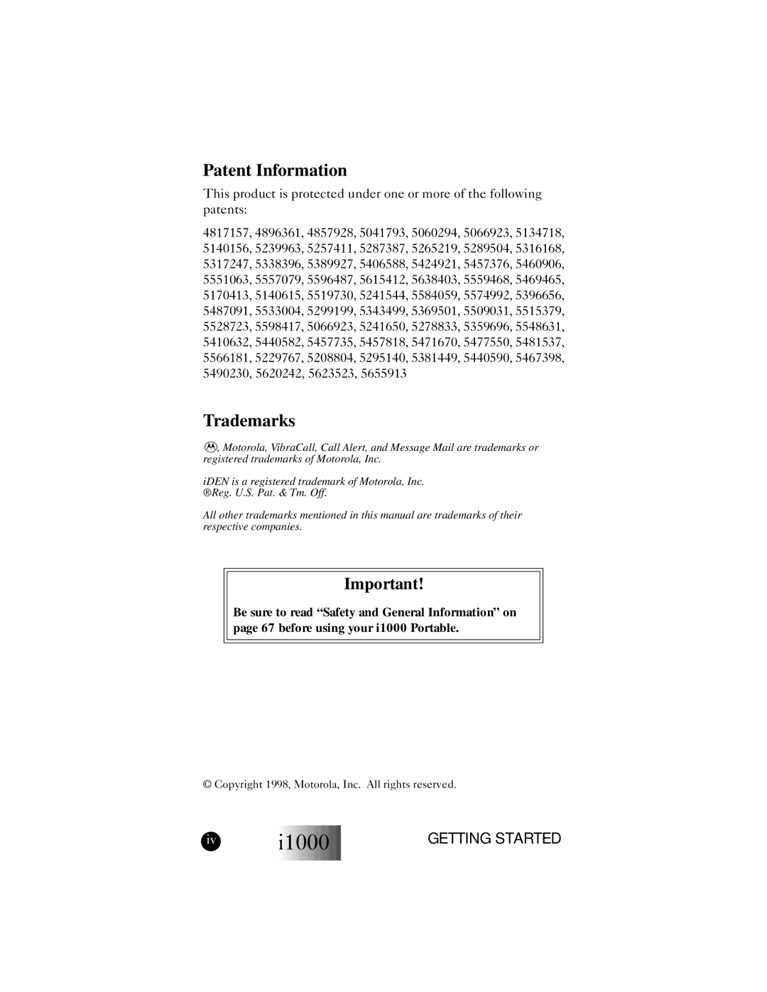 Motorola i1000 manual Patent Information 