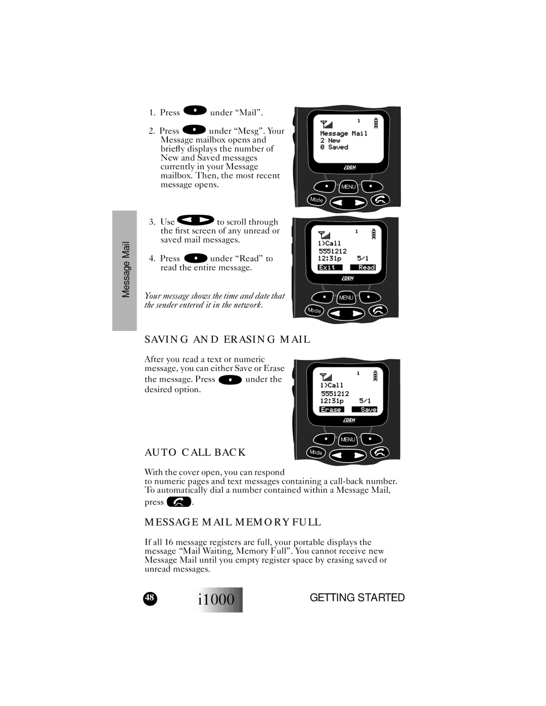 Motorola i1000 manual Saving and Erasing Mail, Auto Call Back, Message Mail Memory Full 