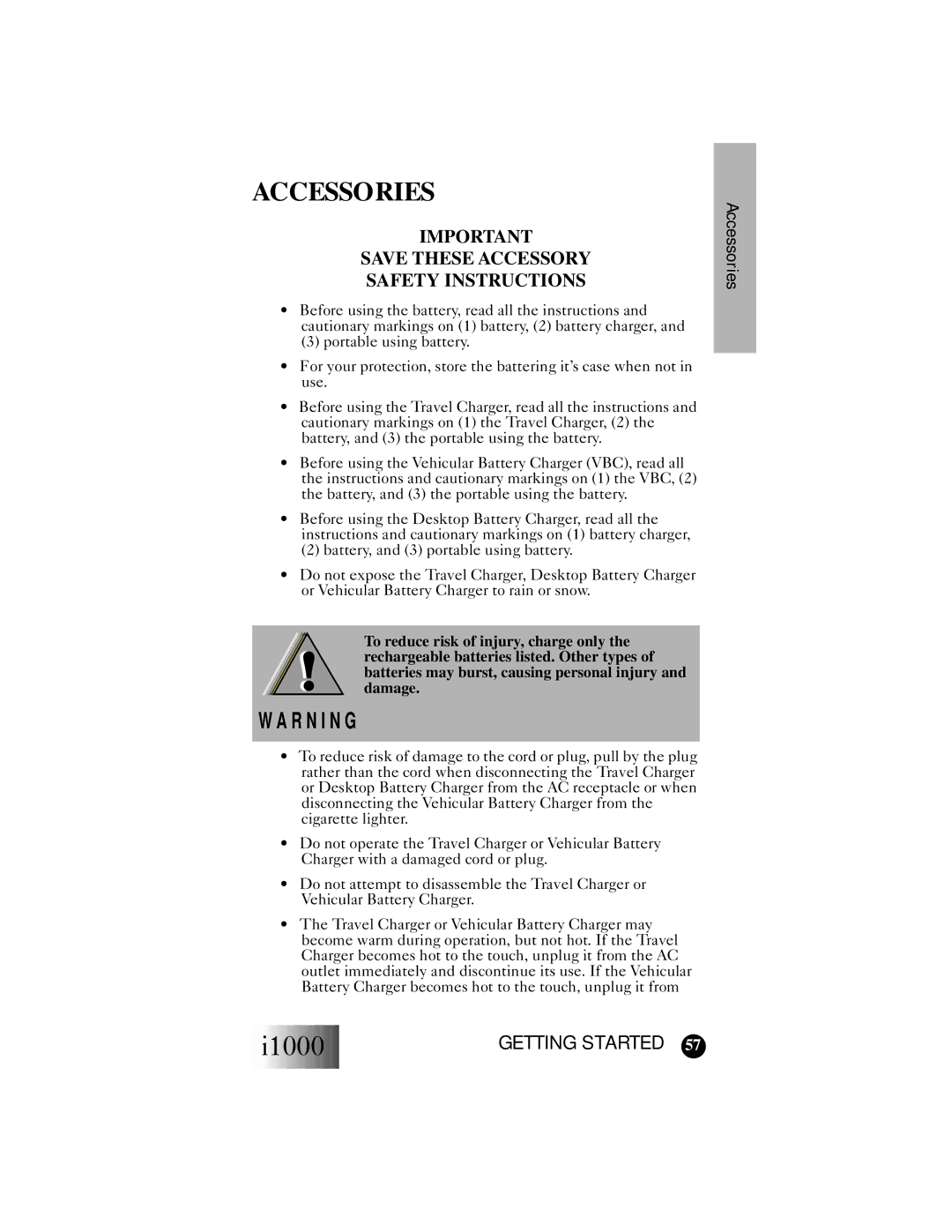 Motorola i1000 manual Accessories, Save These Accessory Safety Instructions 