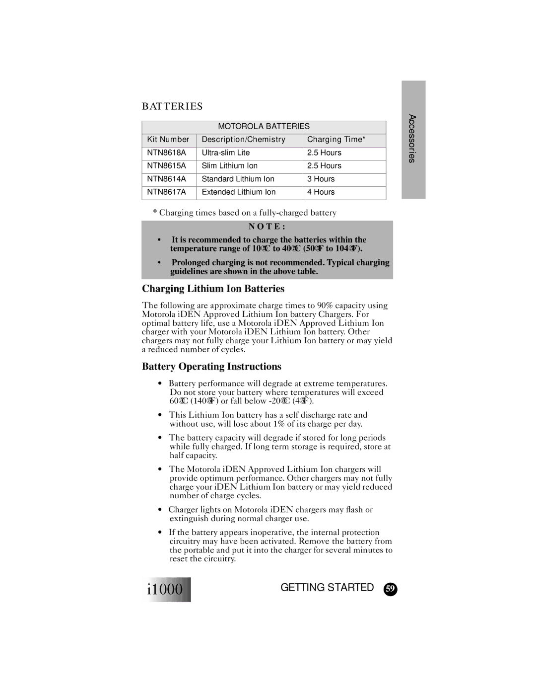 Motorola i1000 manual Charging Lithium Ion Batteries, Battery Operating Instructions 