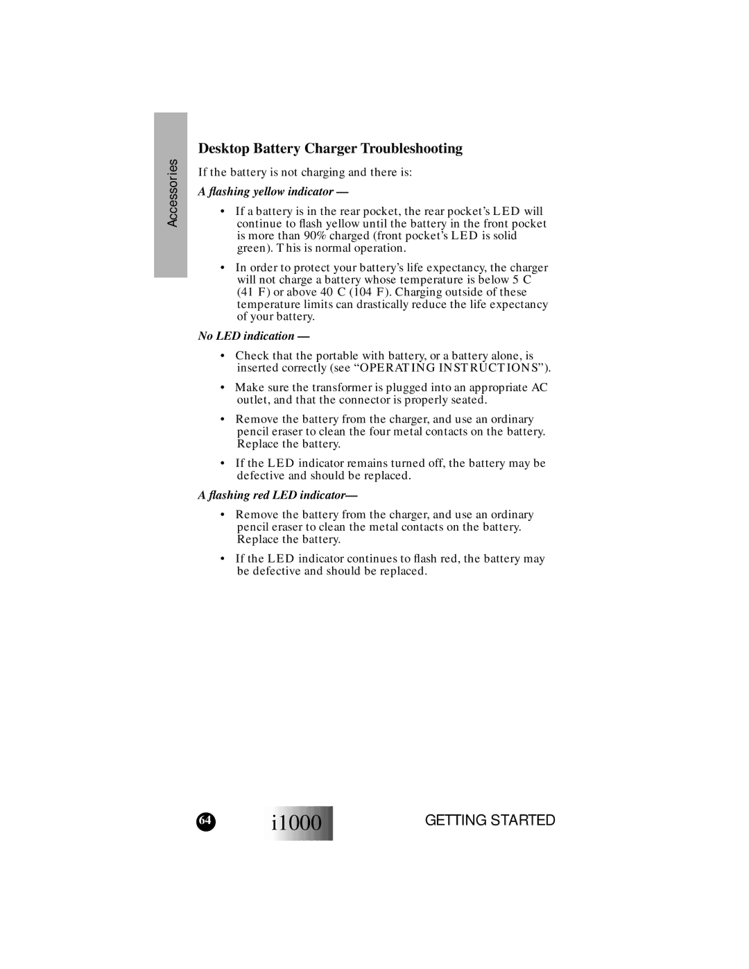 Motorola i1000 manual Desktop Battery Charger Troubleshooting, ﬂashing yellow indicator 