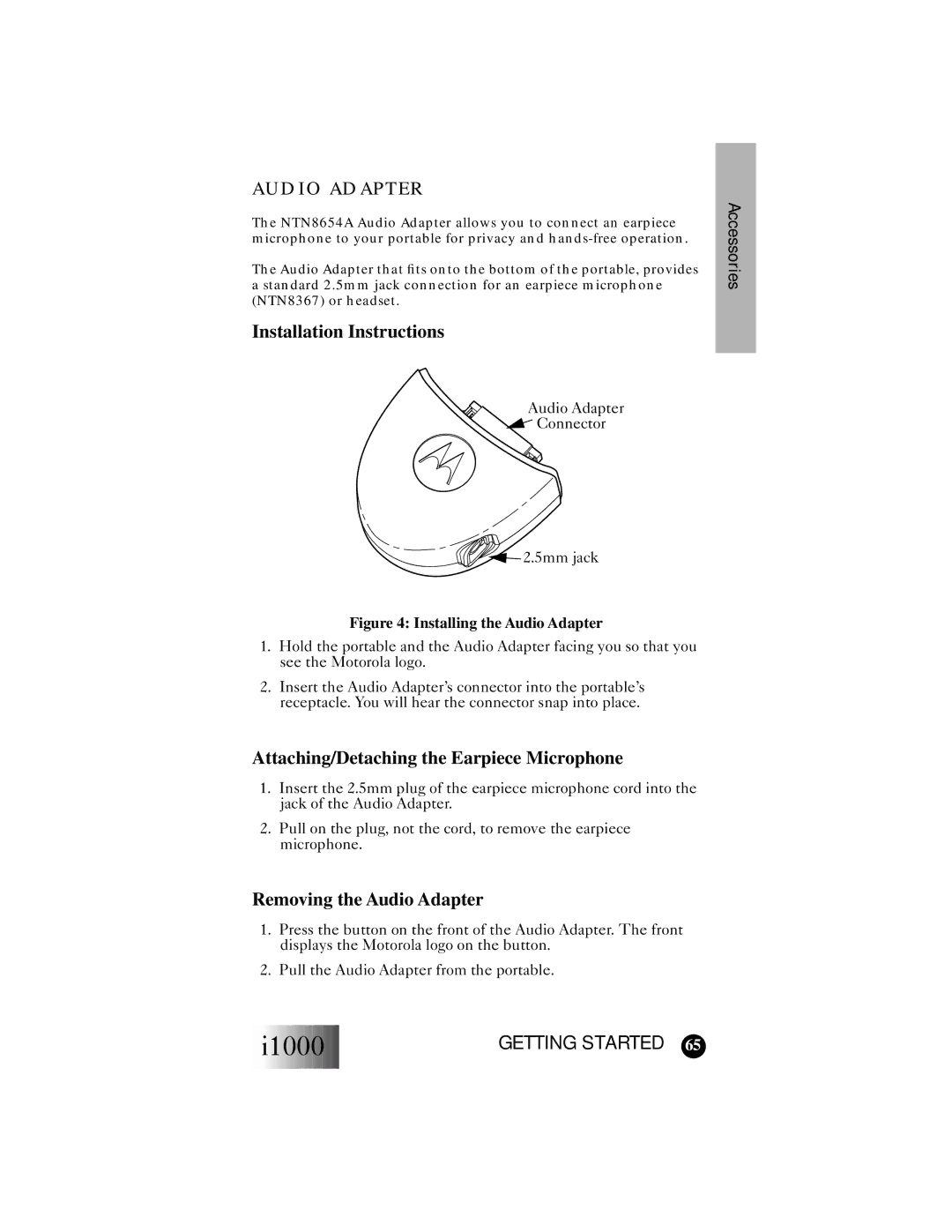 Motorola i1000 manual Audio Adapter, Installation Instructions, Attaching/Detaching the Earpiece Microphone 