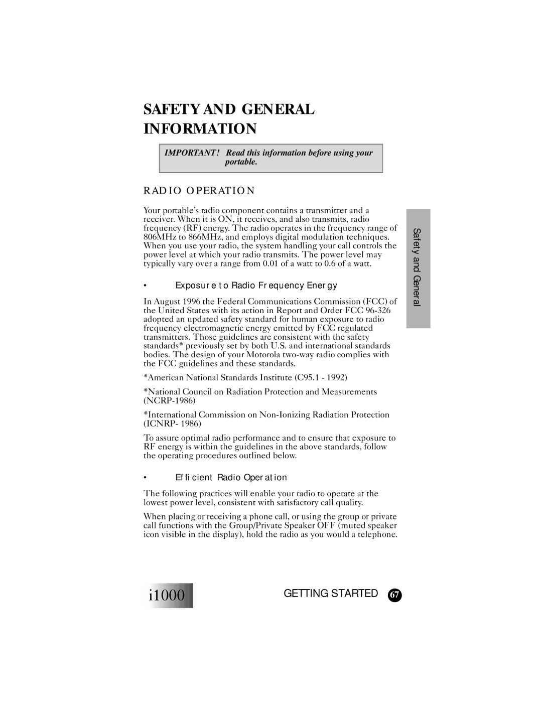 Motorola i1000 manual Safety and General Information, Radio Operation 