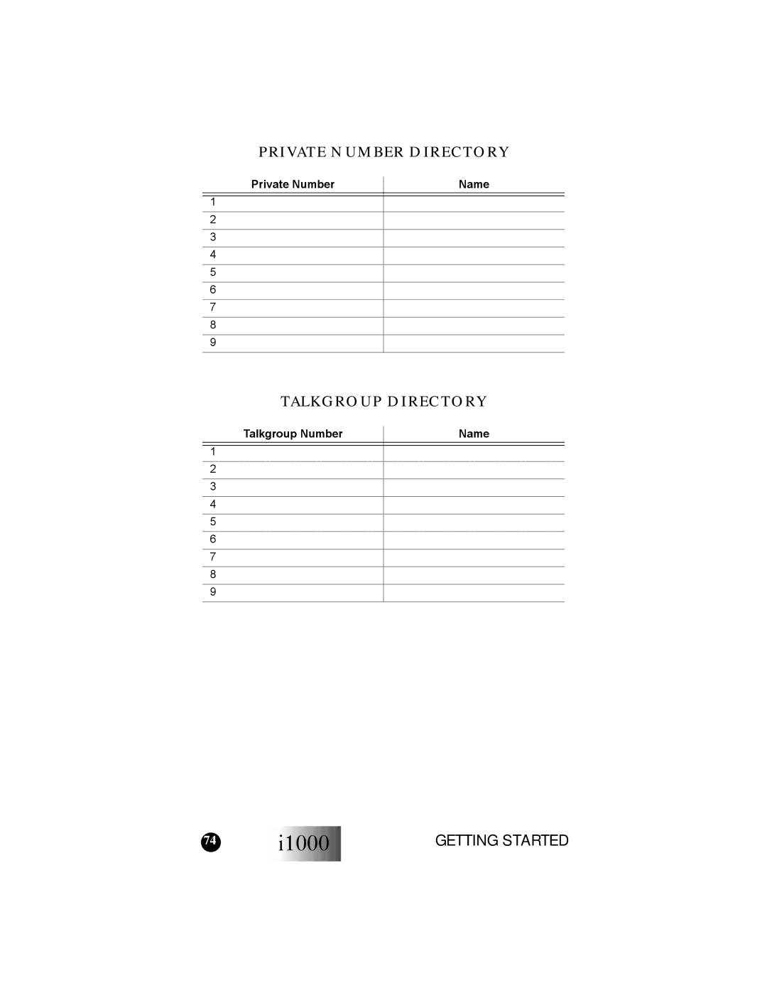 Motorola i1000 manual Private Number Directory, Talkgroup Directory, Private Number Name, Talkgroup Number Name 
