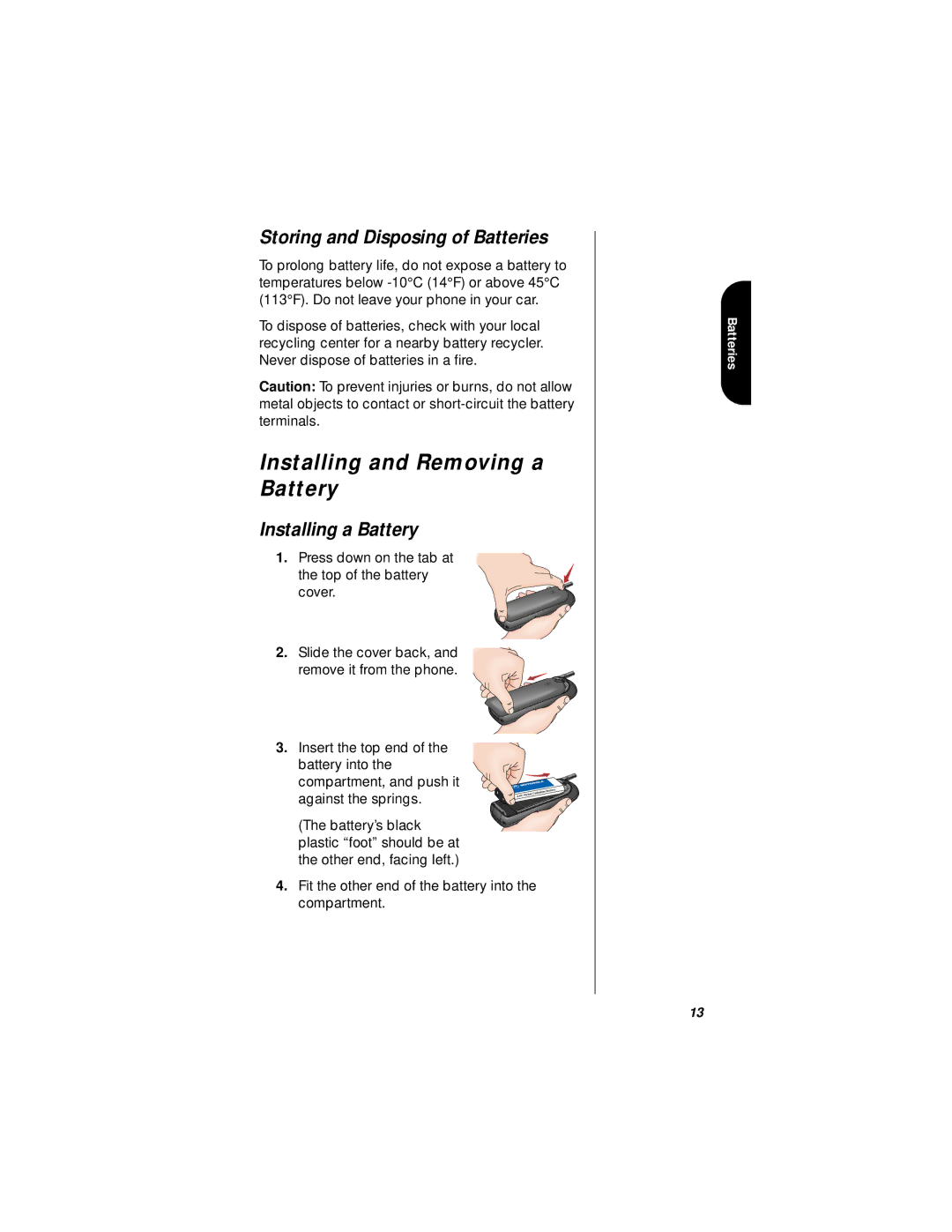 Motorola i1000plus Installing and Removing a Battery, Storing and Disposing of Batteries, Installing a Battery 