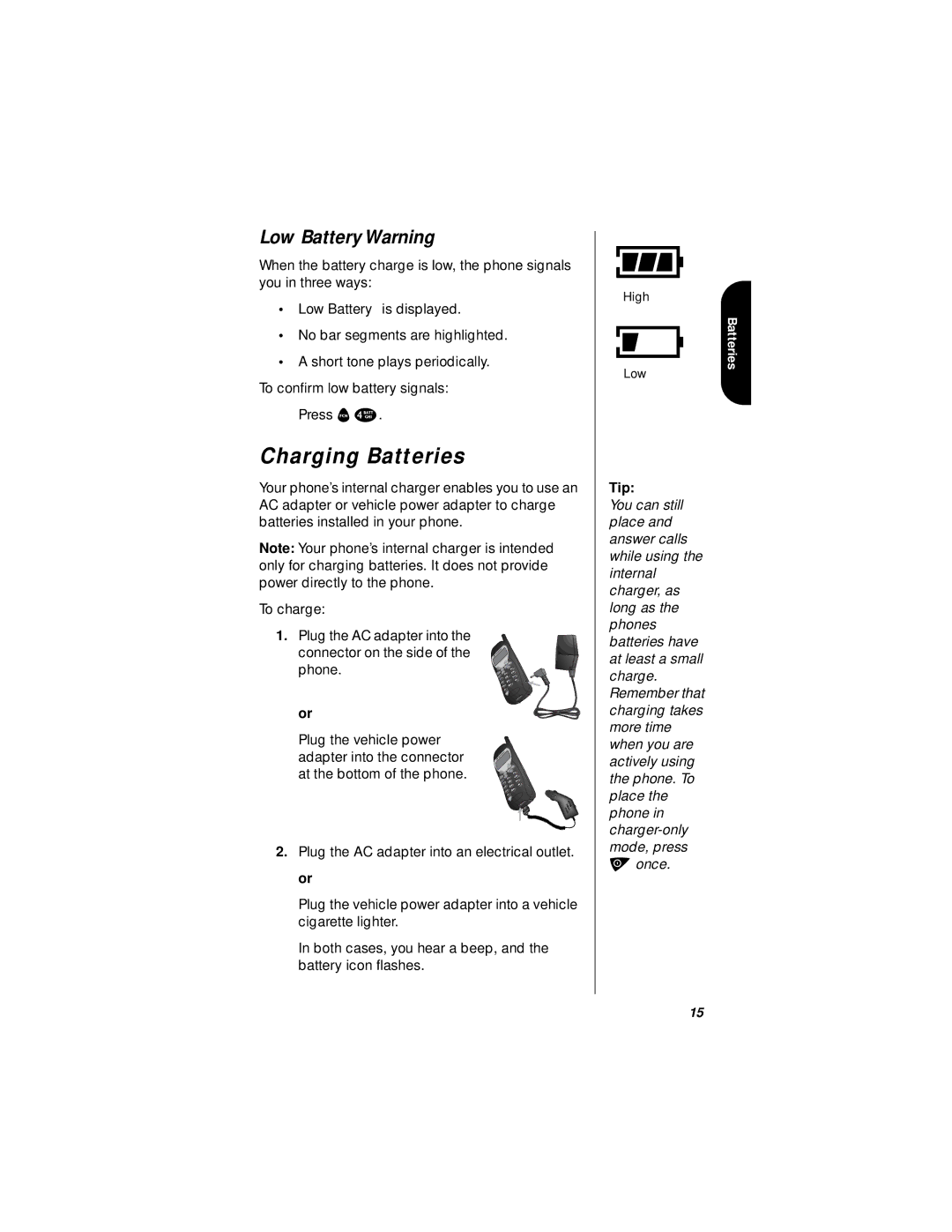 Motorola i1000plus specifications Charging Batteries, Low Battery Warning 