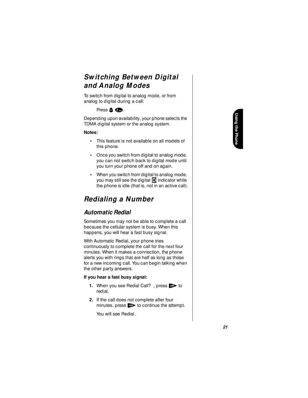 Motorola i1000plus specifications Switching Between Digital and Analog Modes, Redialing a Number, Automatic Redial 