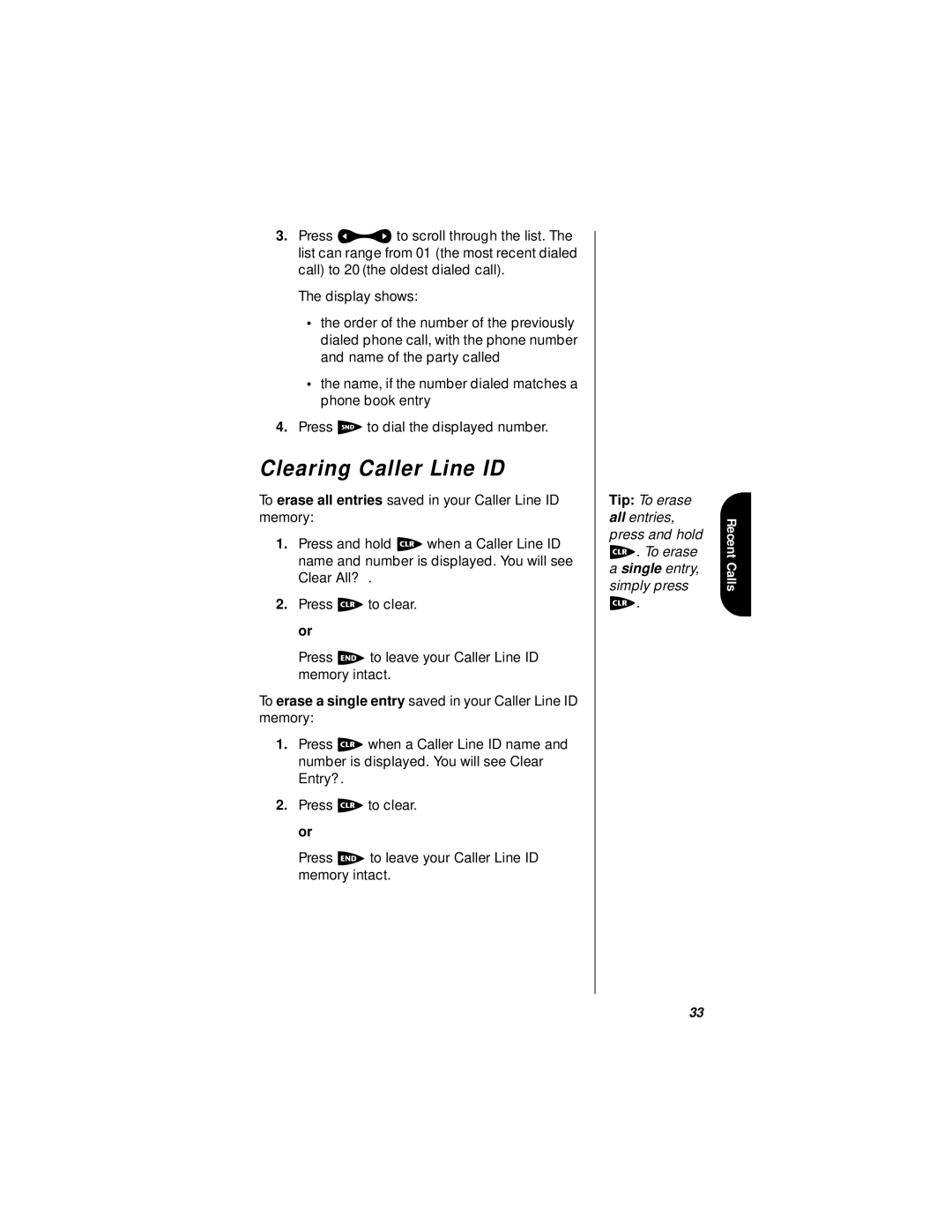 Motorola i1000plus specifications Clearing Caller Line ID, To erase all entries saved in your Caller Line ID memory 