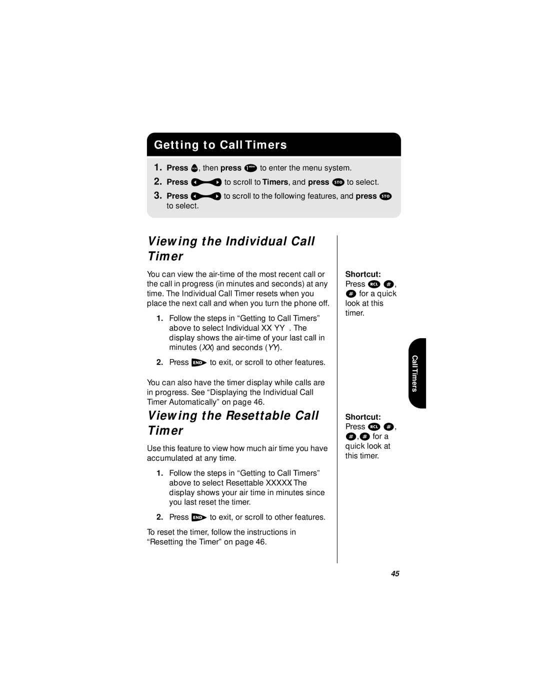 Motorola i1000plus Viewing the Individual Call Timer, Viewing the Resettable Call Timer, Getting to Call Timers 