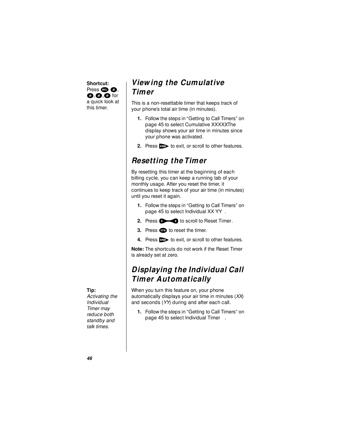 Motorola i1000plus Viewing the Cumulative Timer, Resetting the Timer, Displaying the Individual Call Timer Automatically 