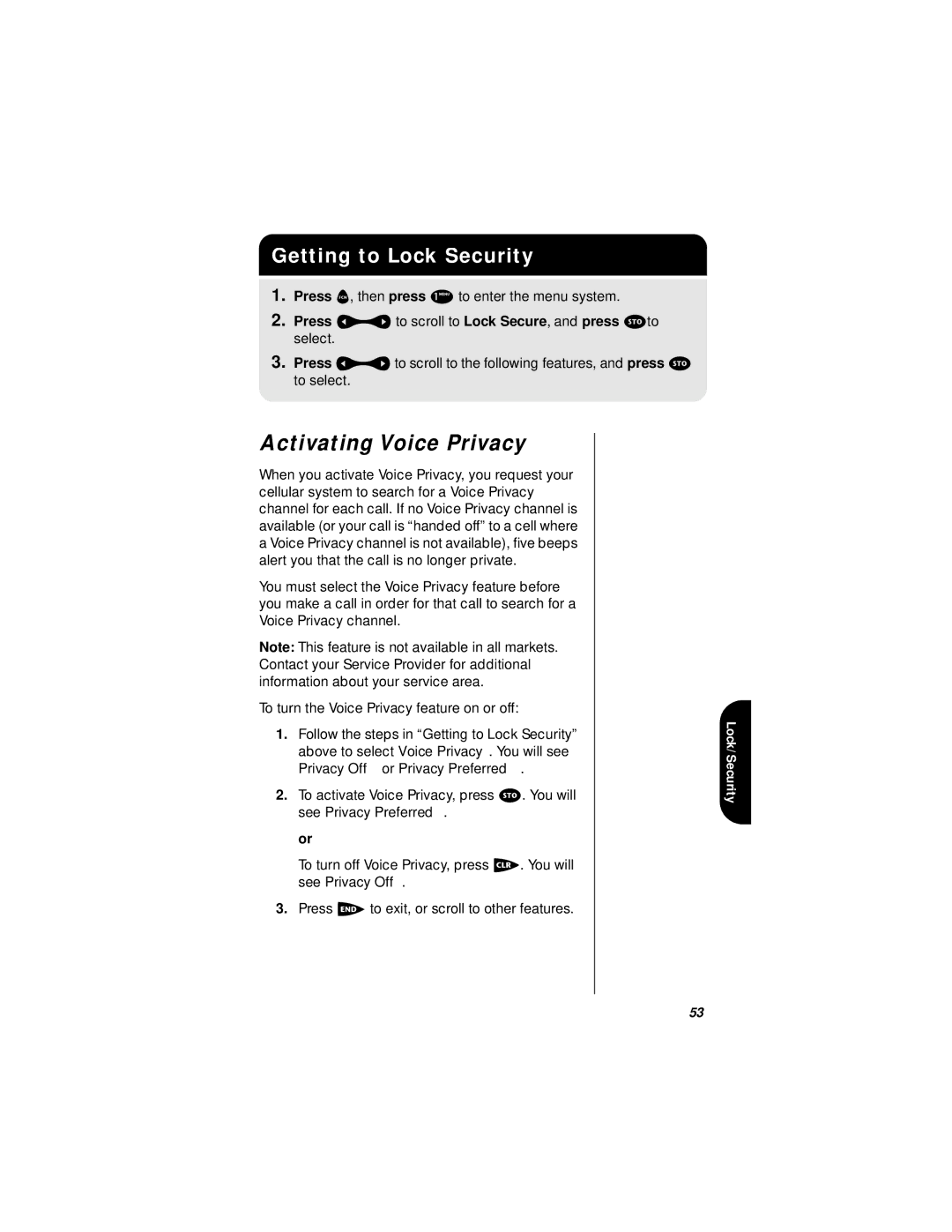 Motorola i1000plus specifications Activating Voice Privacy, Getting to Lock Security 