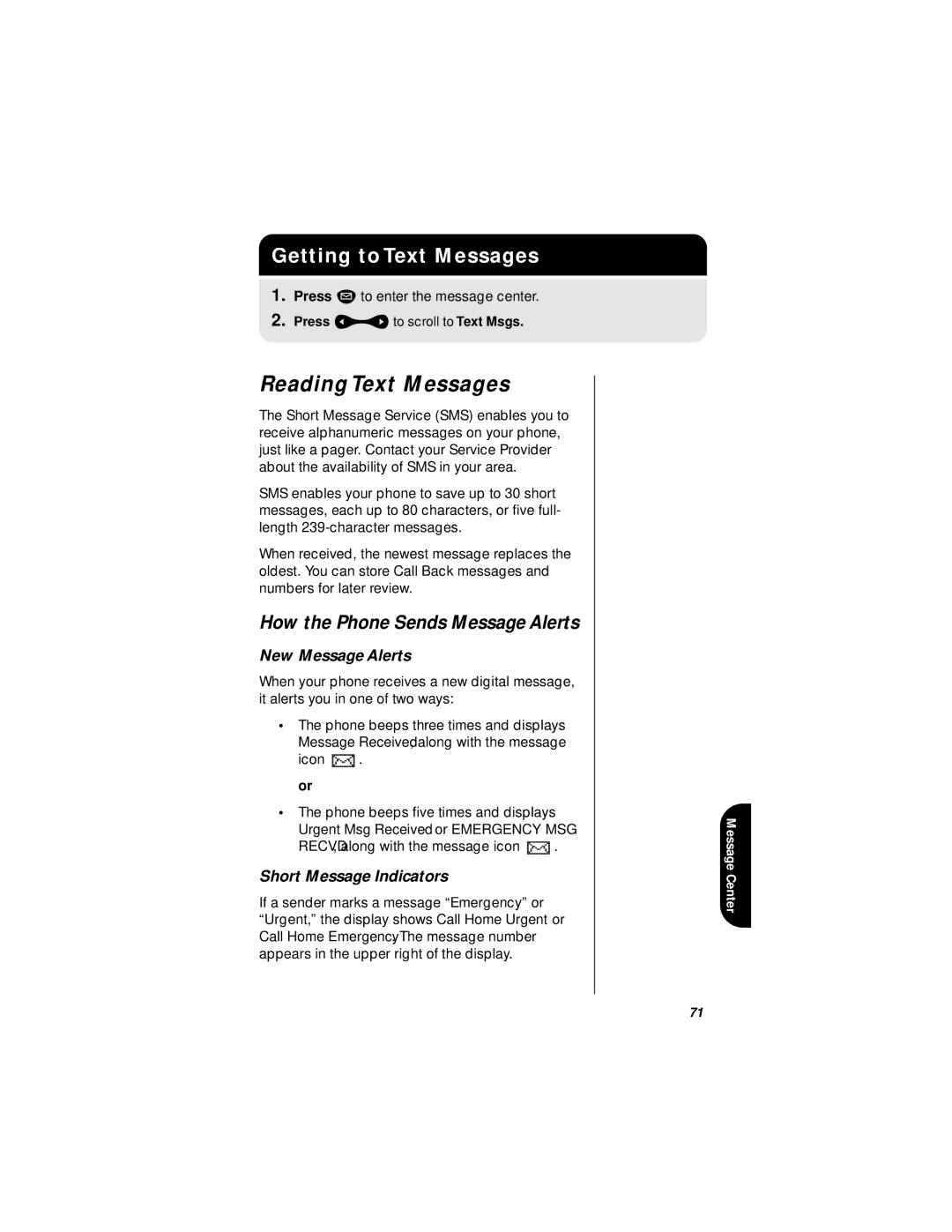 Motorola i1000plus Reading Text Messages, Getting to Text Messages, How the Phone Sends Message Alerts, New Message Alerts 