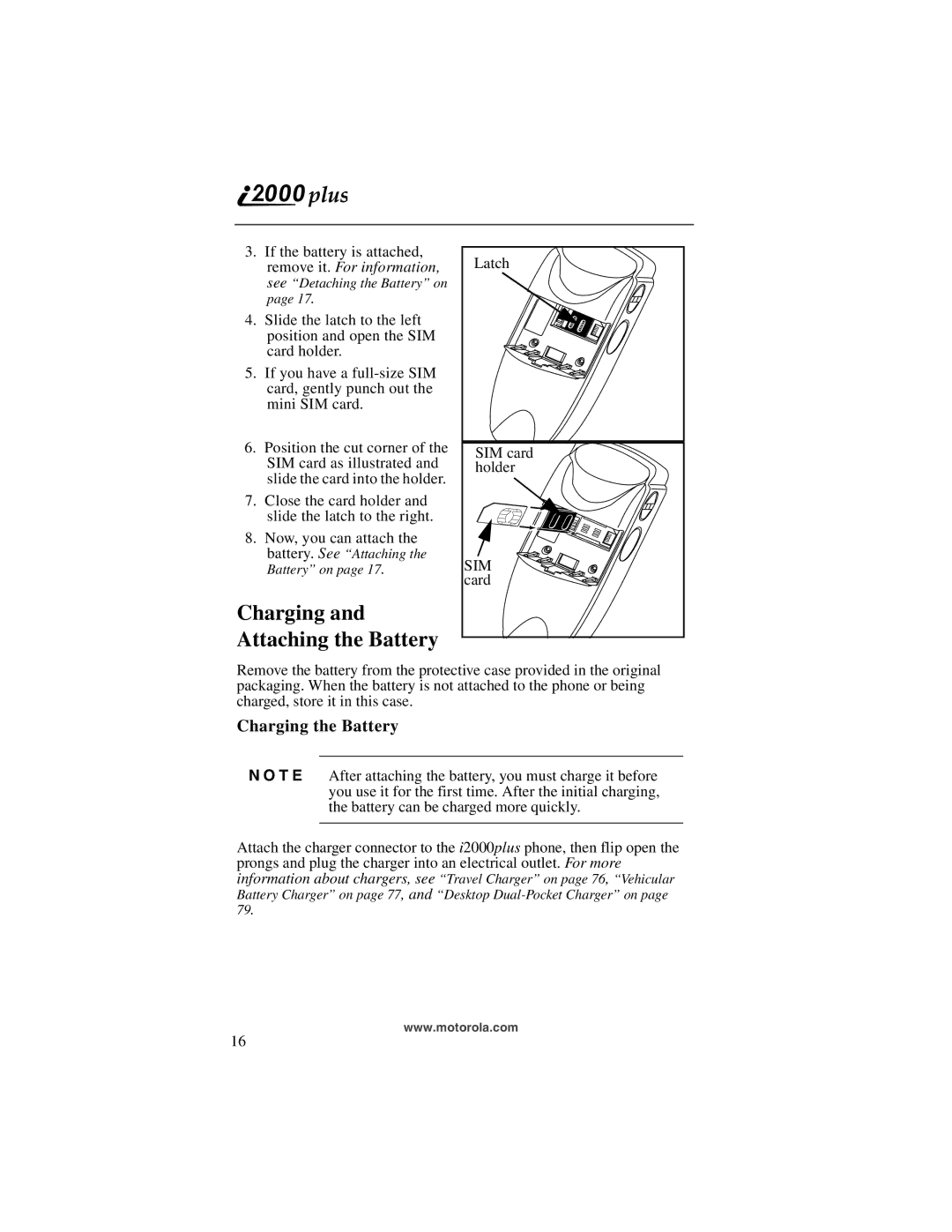 Motorola I200, NTN9487A manual Charging and Attaching the Battery, Charging the Battery 