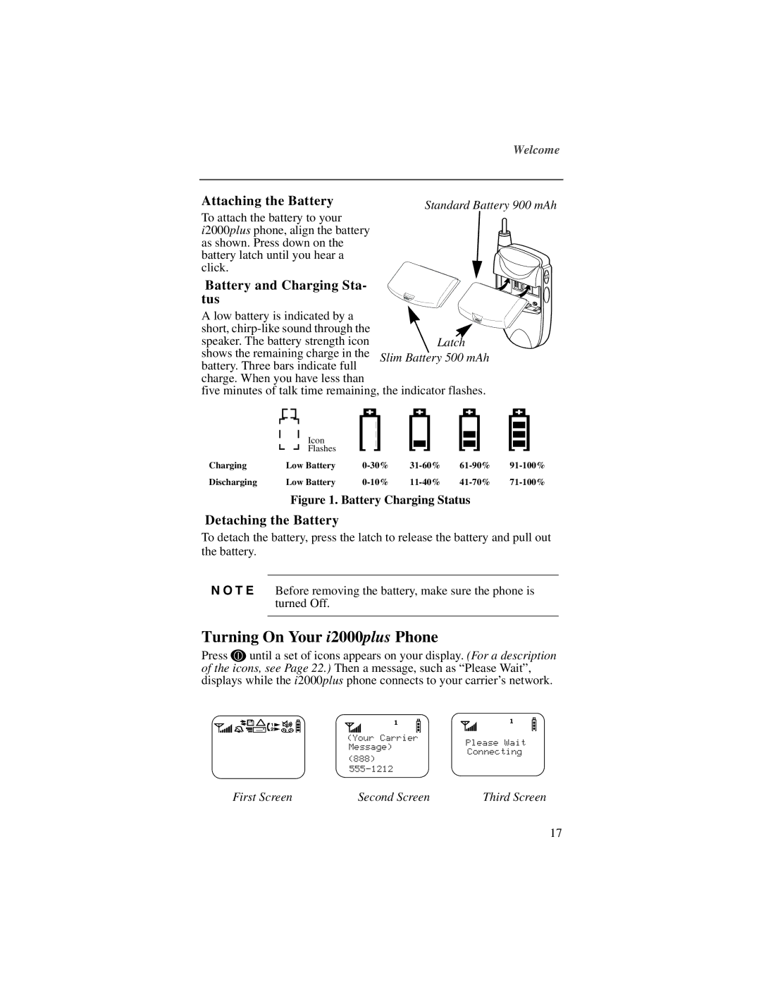 Motorola NTN9487A, I200 manual Attaching the Battery, Battery and Charging Sta- tus, Detaching the Battery 