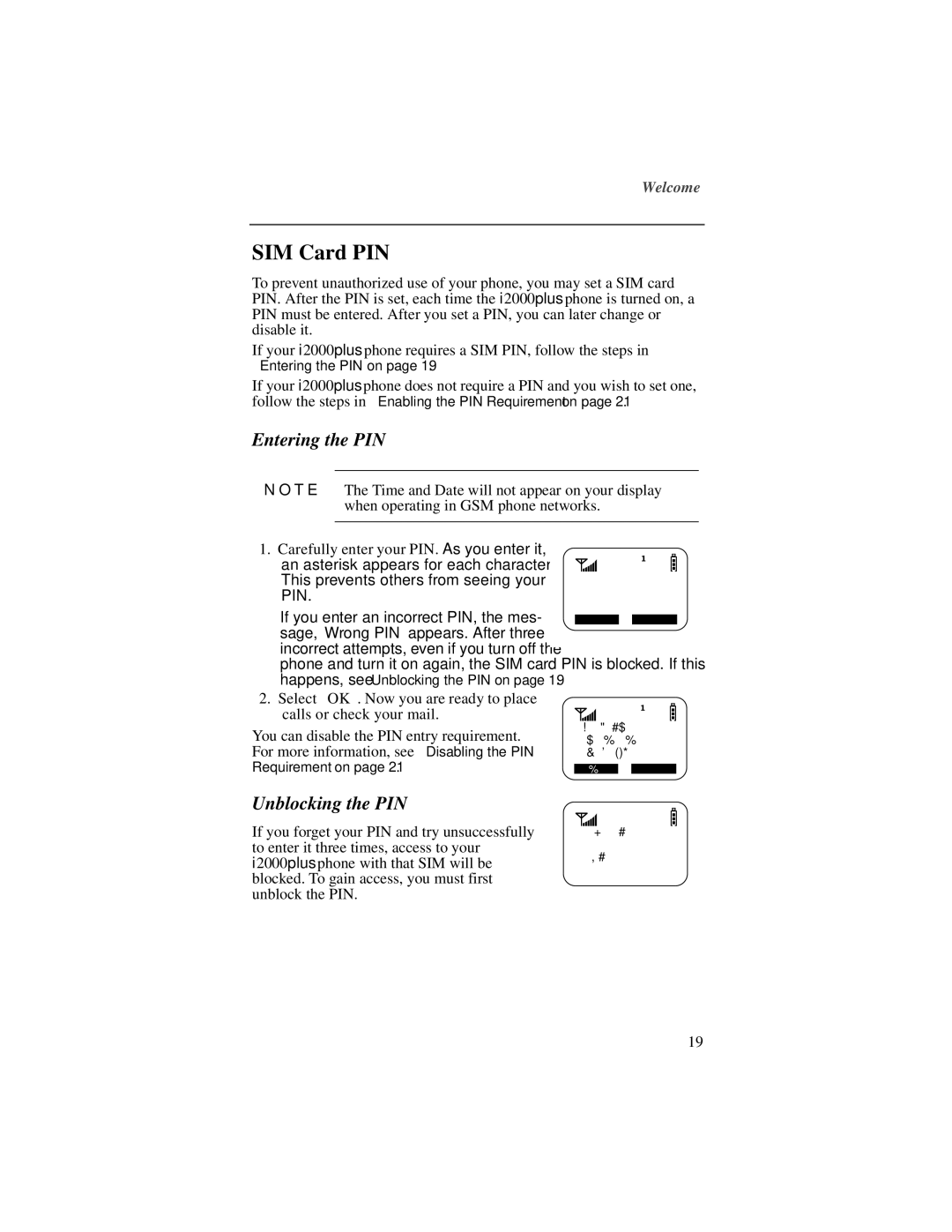 Motorola NTN9487A, I200 manual SIM Card PIN, Entering the PIN, Unblocking the PIN 