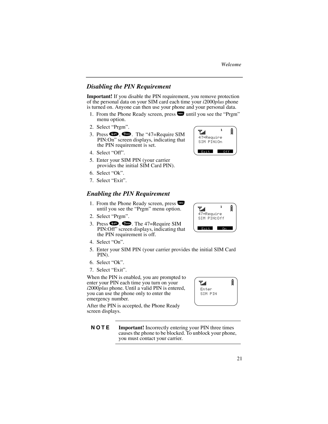 Motorola NTN9487A, I200 manual Disabling the PIN Requirement, Enabling the PIN Requirement 