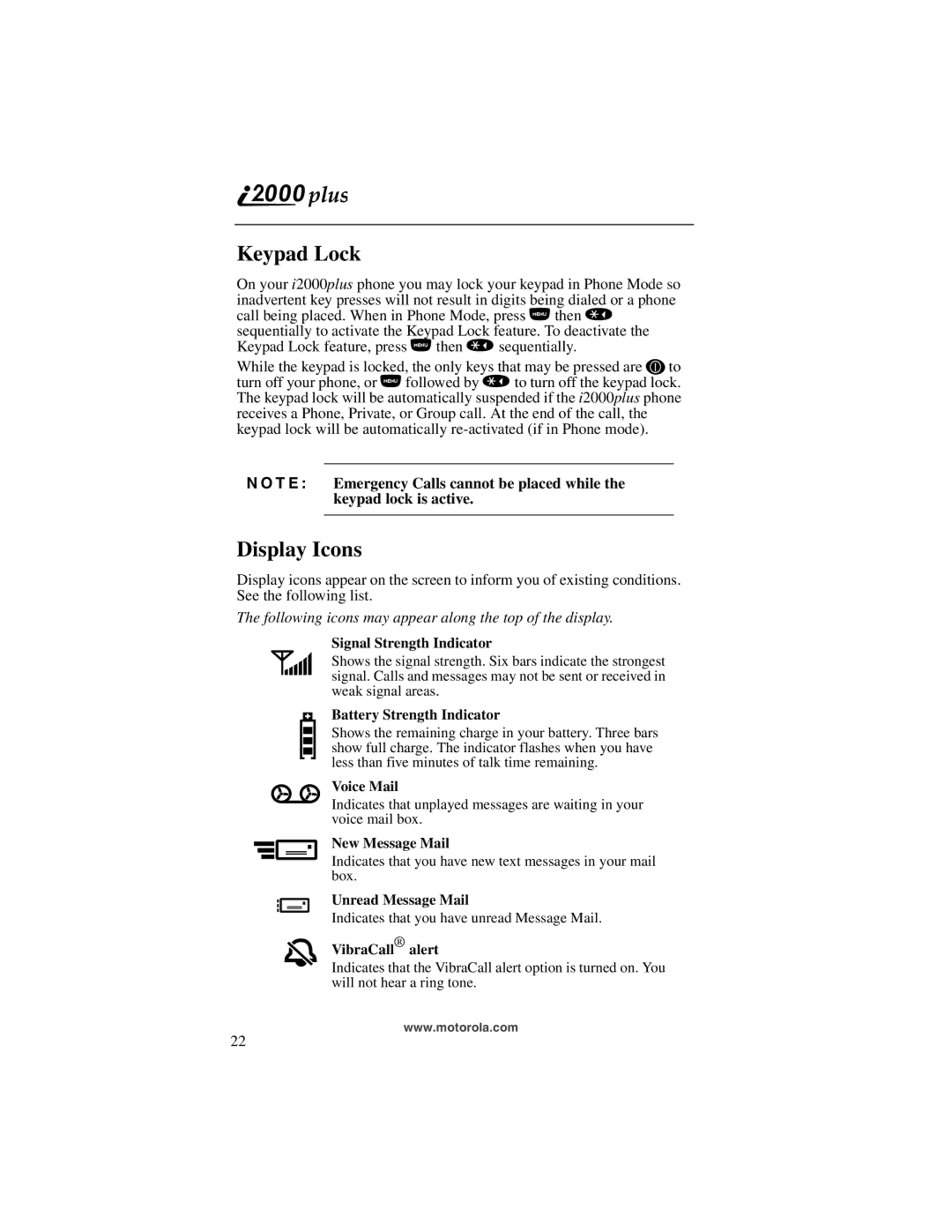 Motorola I200, NTN9487A manual Keypad Lock, Display Icons 