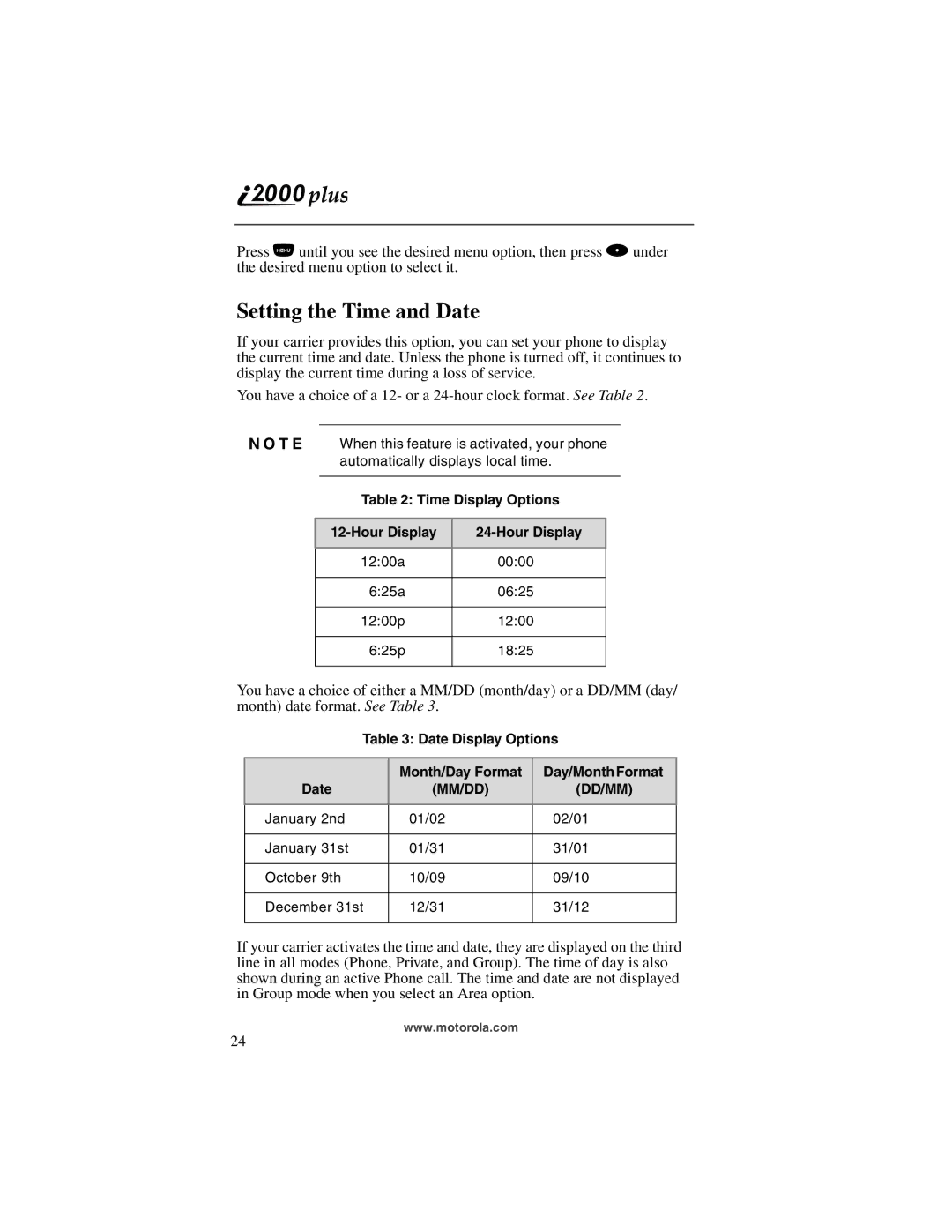 Motorola I200, NTN9487A manual Setting the Time and Date, Mm/Dd Dd/Mm 