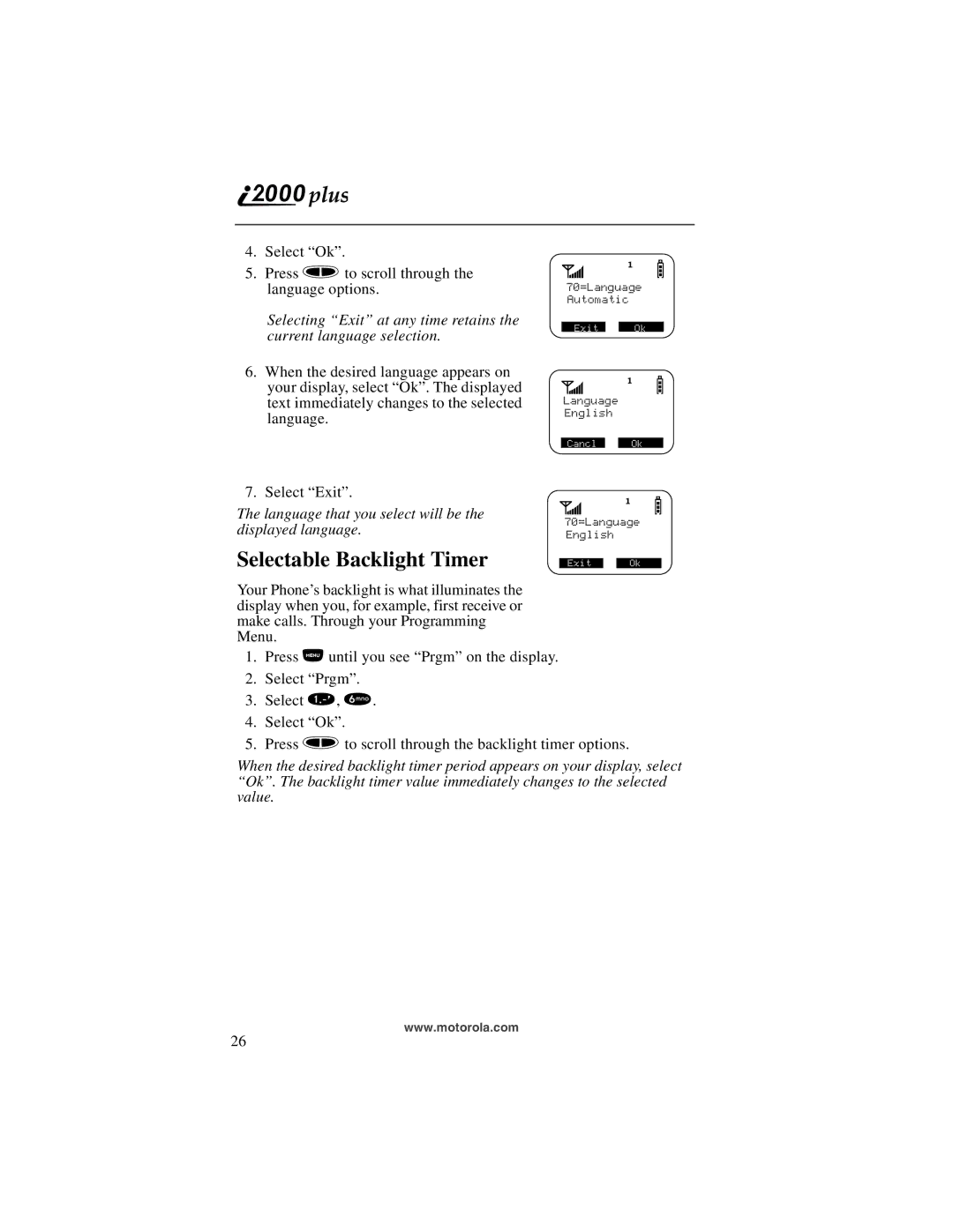 Motorola I200, NTN9487A manual Selectable Backlight Timer 