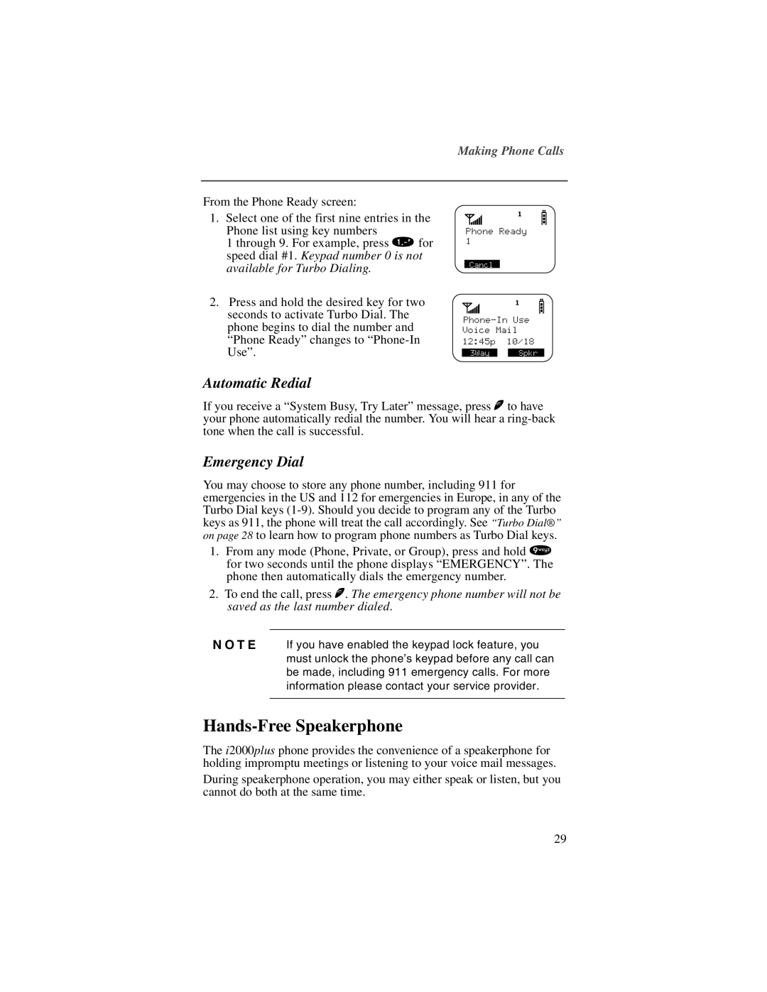 Motorola NTN9487A, I200 manual Hands-Free Speakerphone, Automatic Redial, Emergency Dial 