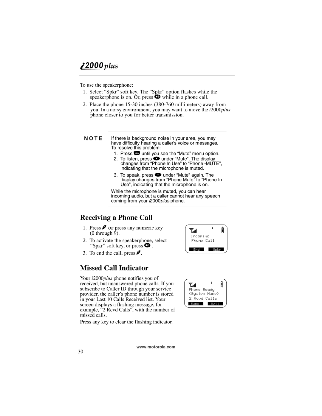 Motorola I200, NTN9487A manual Receiving a Phone Call, Missed Call Indicator 