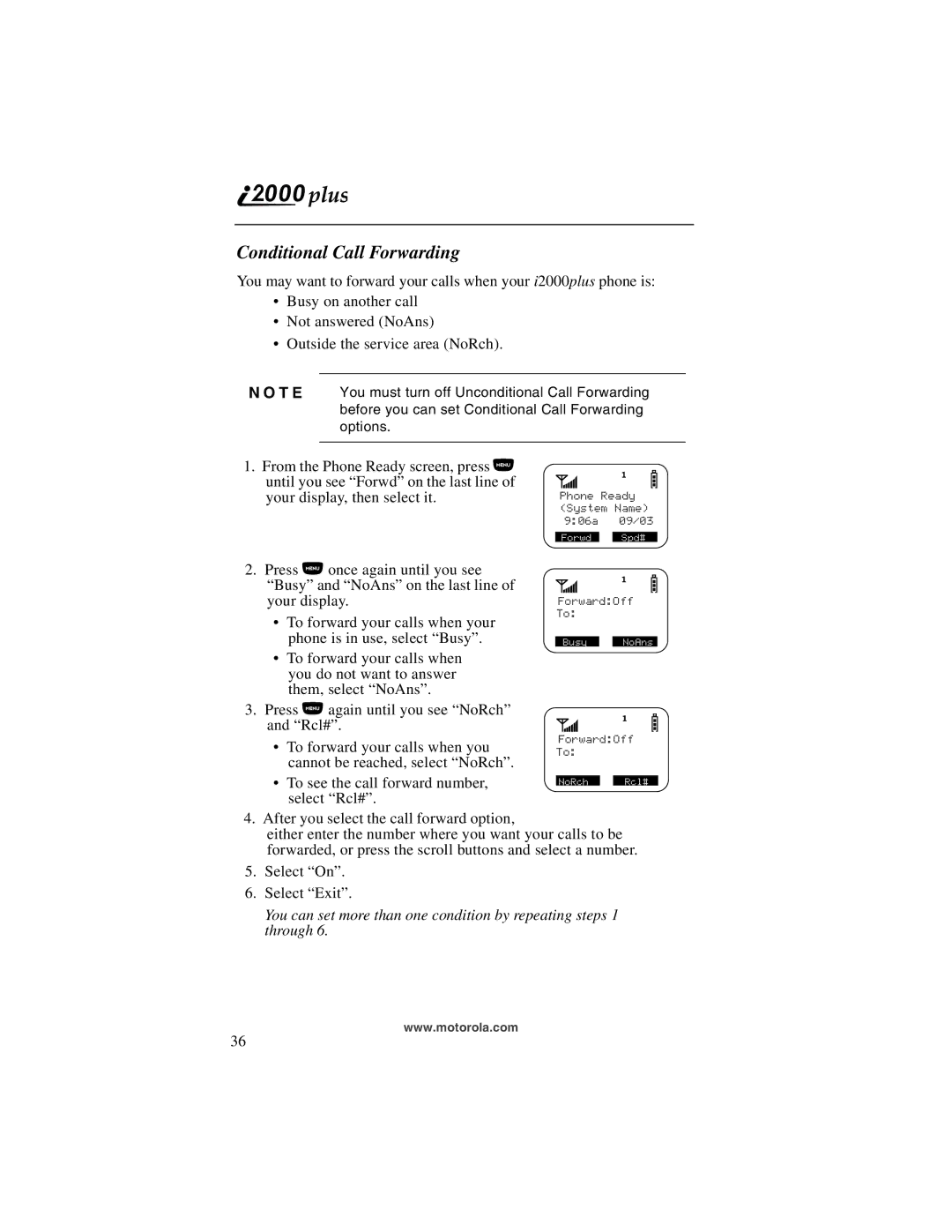 Motorola I200, NTN9487A manual Conditional Call Forwarding 