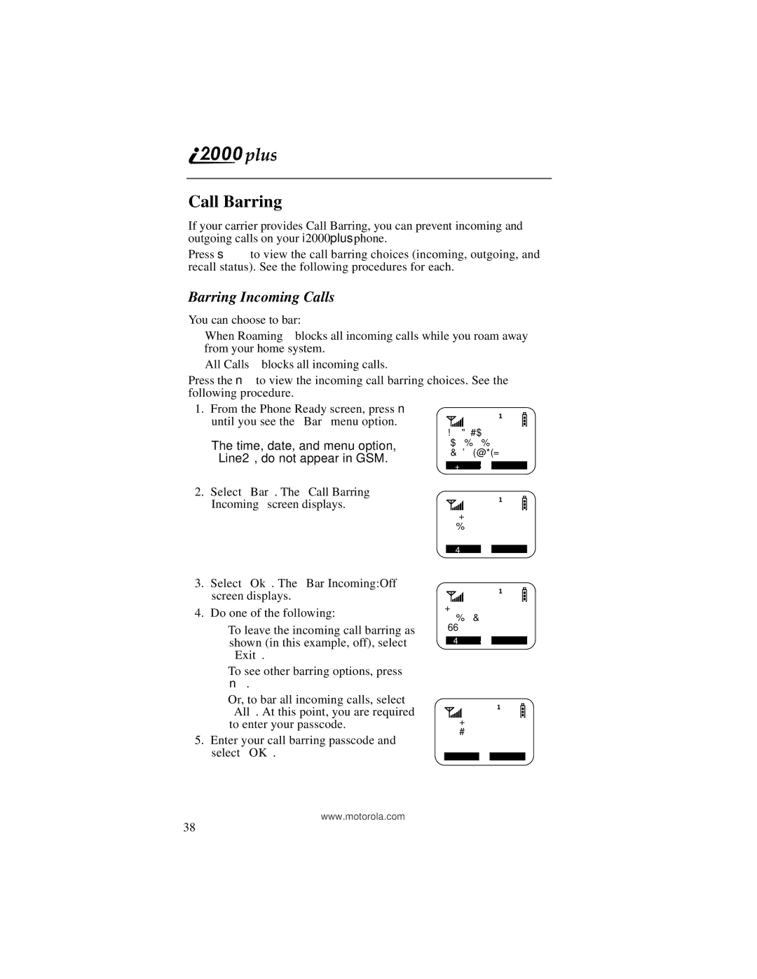 Motorola I200, NTN9487A manual Call Barring, Barring Incoming Calls 