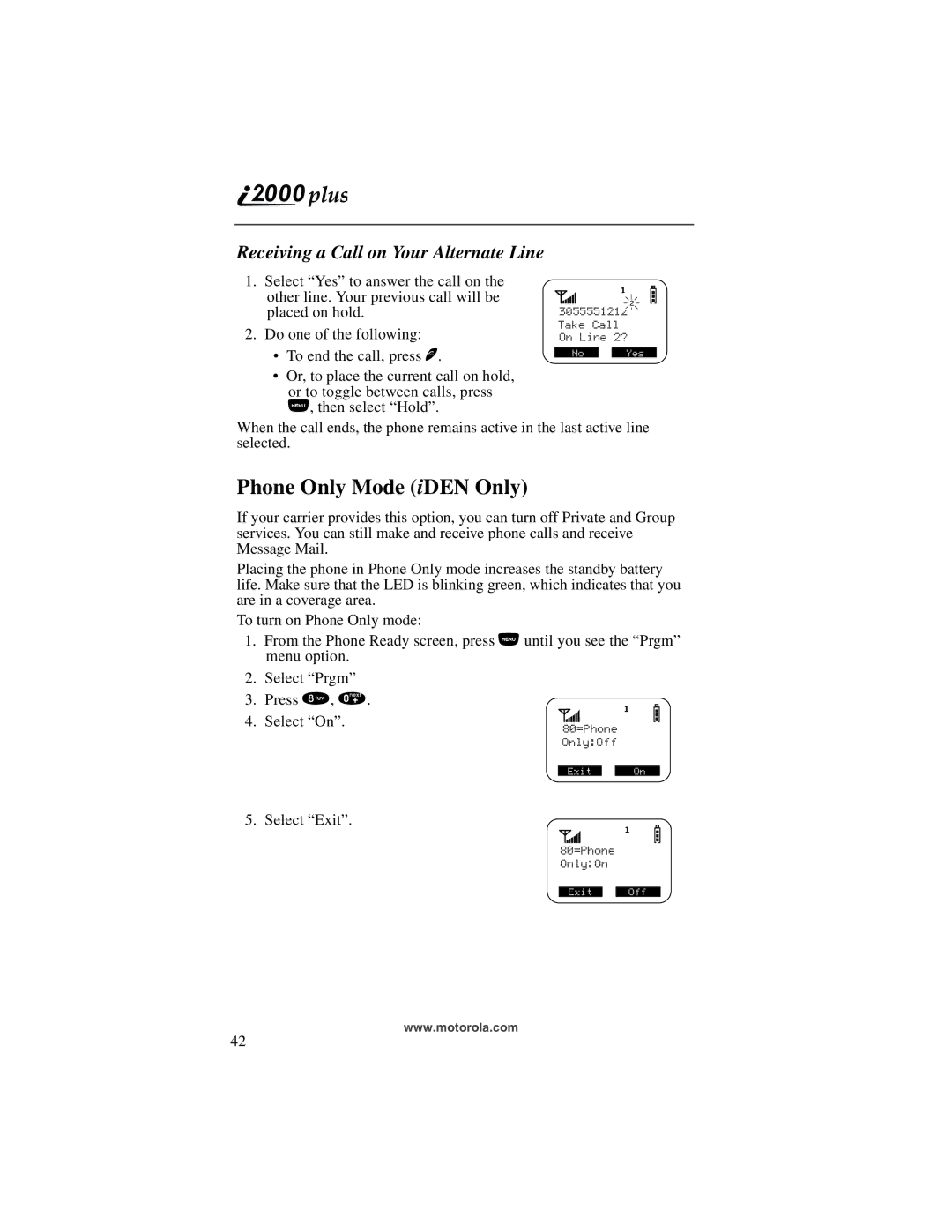 Motorola I200, NTN9487A manual Phone Only Mode iDEN Only, Receiving a Call on Your Alternate Line 