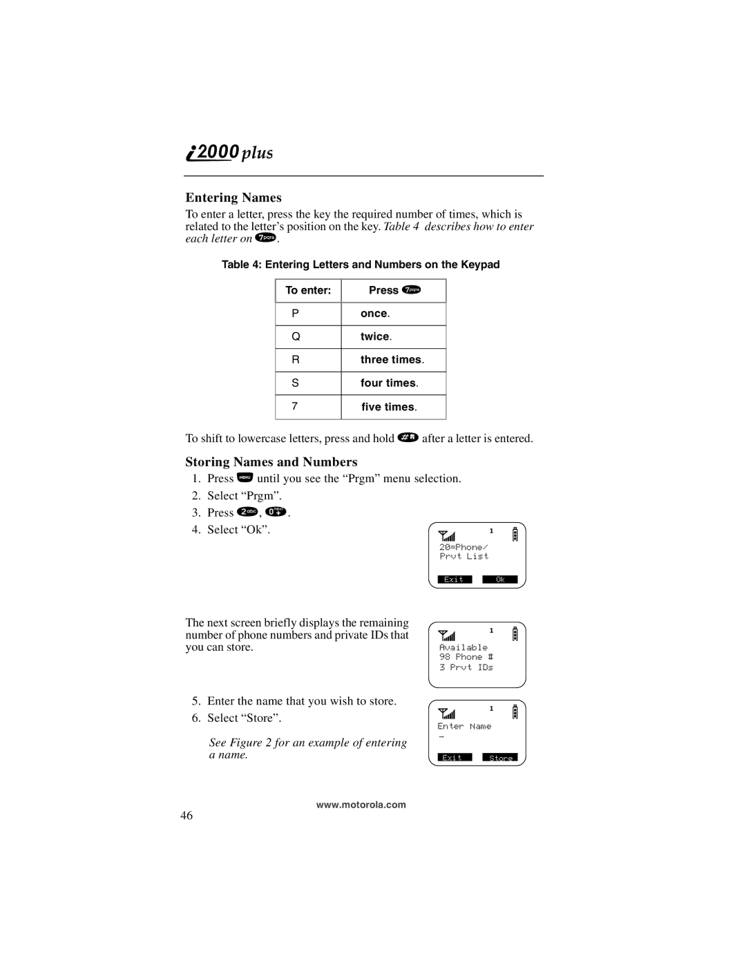 Motorola I200, NTN9487A manual Entering Names, Storing Names and Numbers 