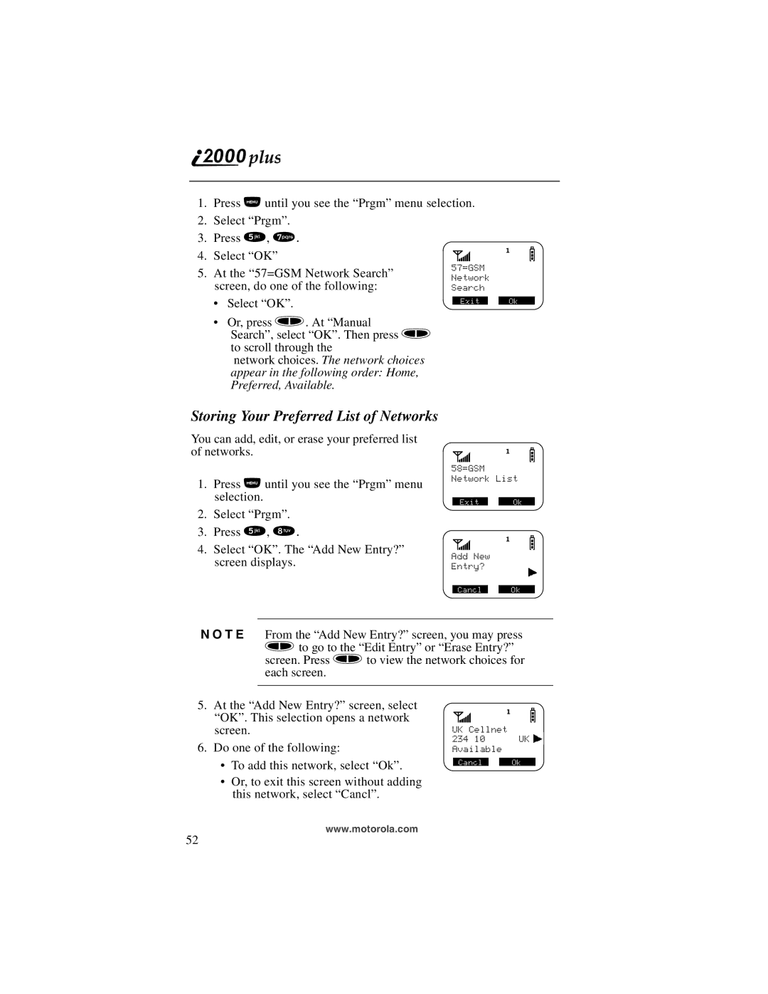 Motorola I200, NTN9487A manual Storing Your Preferred List of Networks 