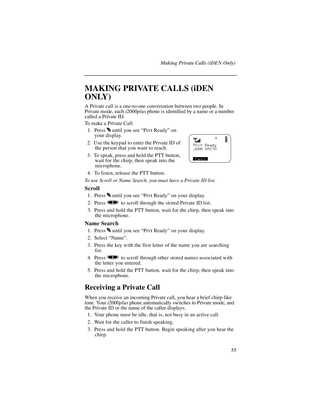 Motorola NTN9487A, I200 manual Receiving a Private Call, Scroll, Name Search 