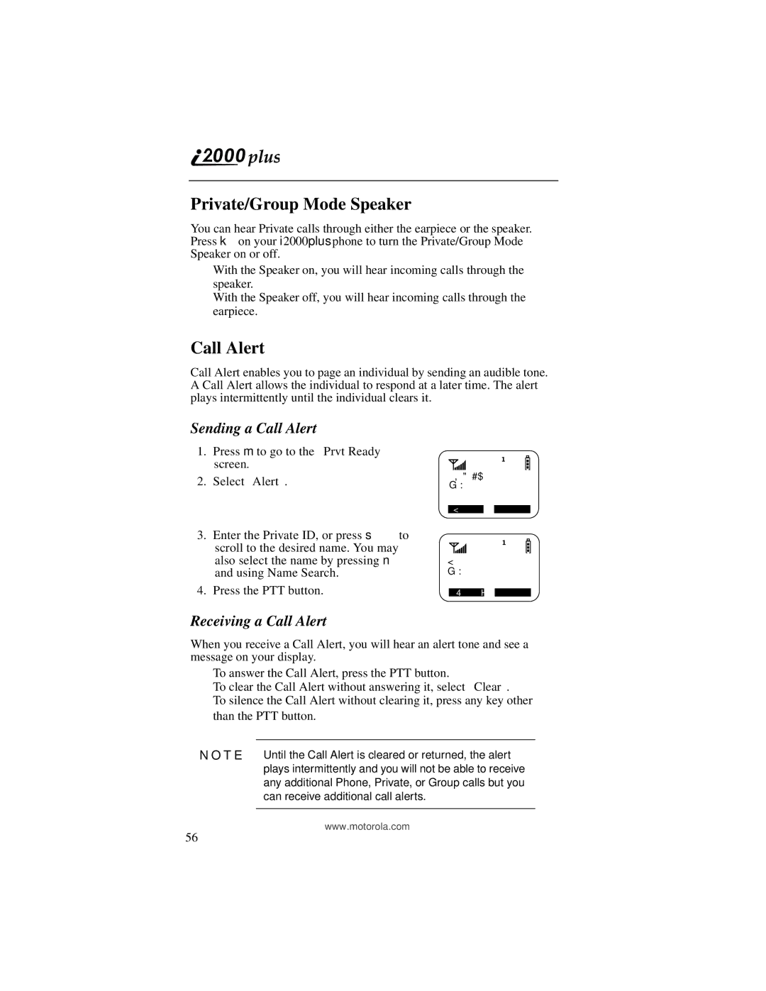 Motorola I200, NTN9487A manual Private/Group Mode Speaker, Sending a Call Alert, Receiving a Call Alert 