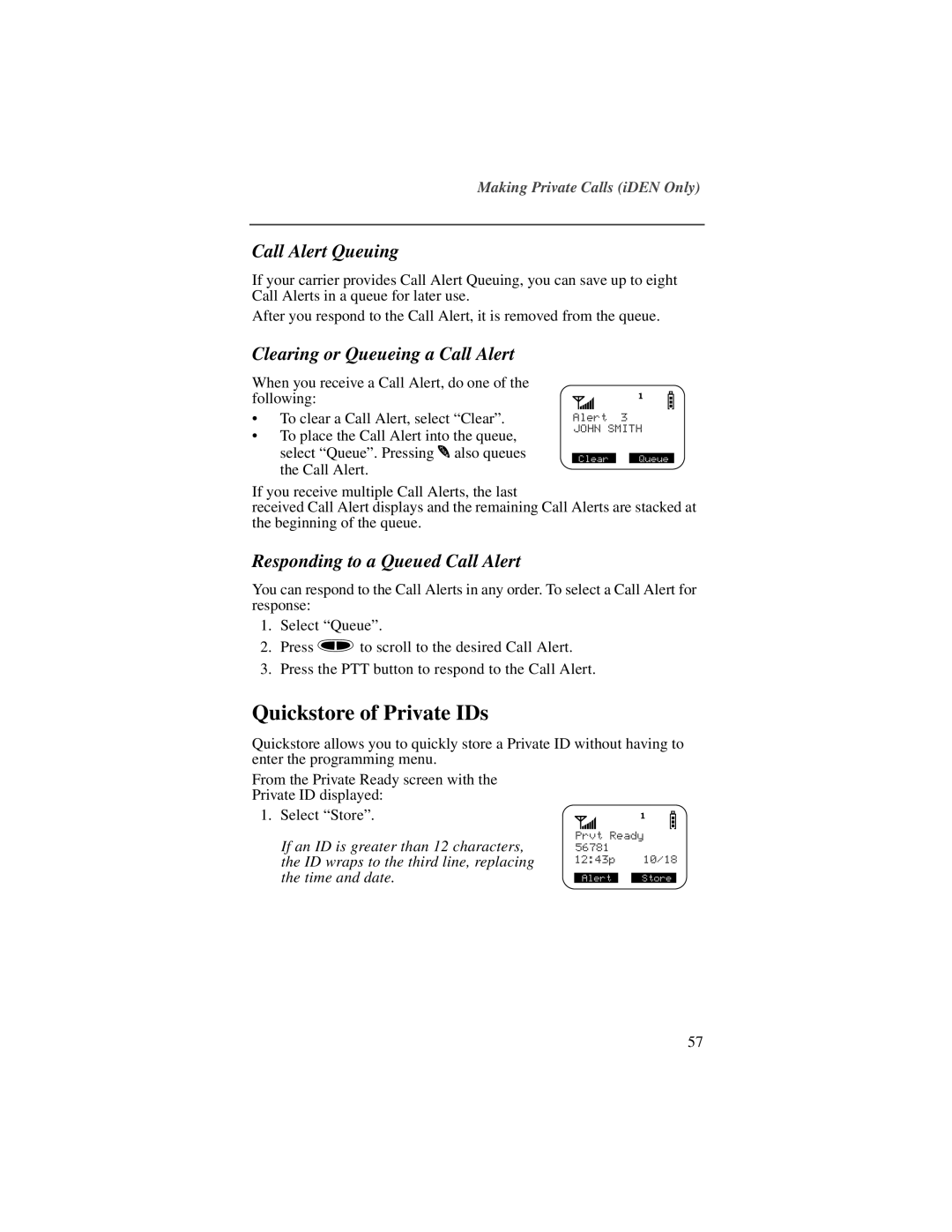 Motorola NTN9487A, I200 manual Quickstore of Private IDs, Call Alert Queuing, Clearing or Queueing a Call Alert 