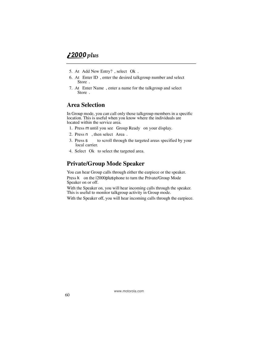 Motorola I200, NTN9487A manual Area Selection, Private/Group Mode Speaker 