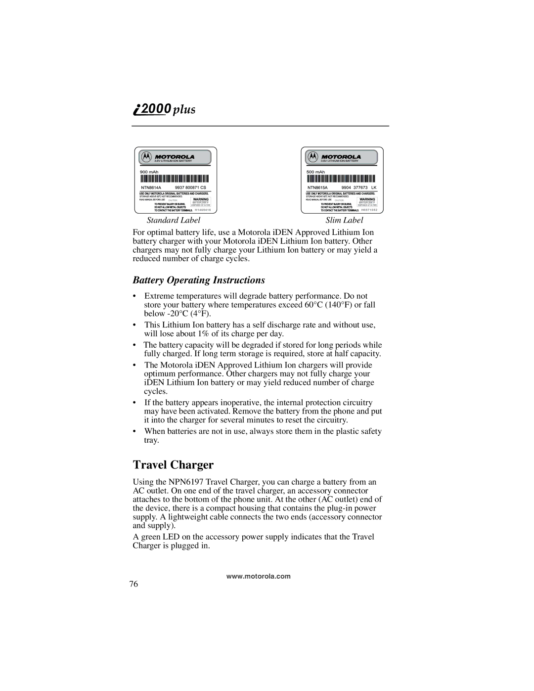 Motorola I200, NTN9487A manual Travel Charger, Battery Operating Instructions 