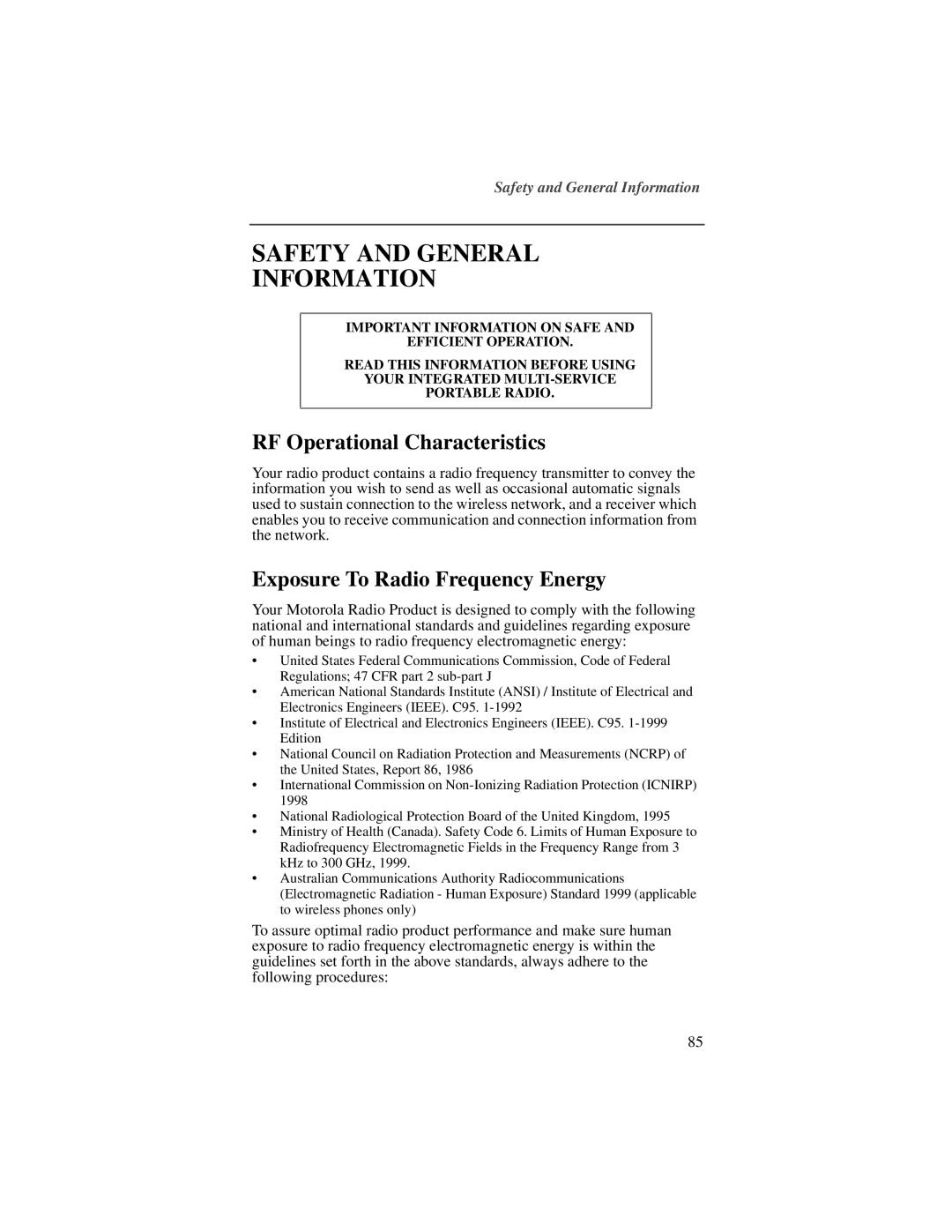 Motorola NTN9487A, I200 Safety and General Information, RF Operational Characteristics, Exposure To Radio Frequency Energy 