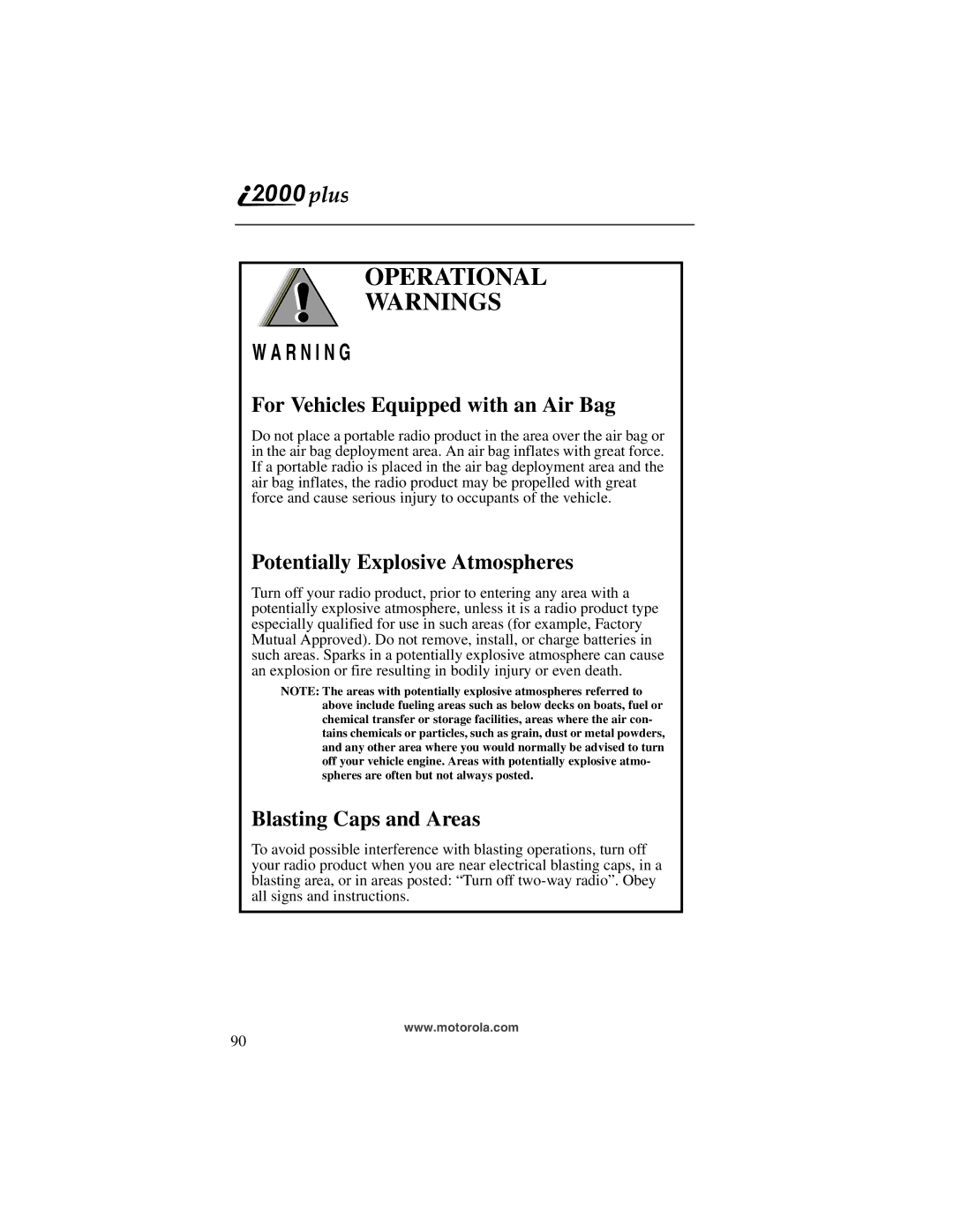 Motorola I200, NTN9487A manual Operational, For Vehicles Equipped with an Air Bag, Potentially Explosive Atmospheres 