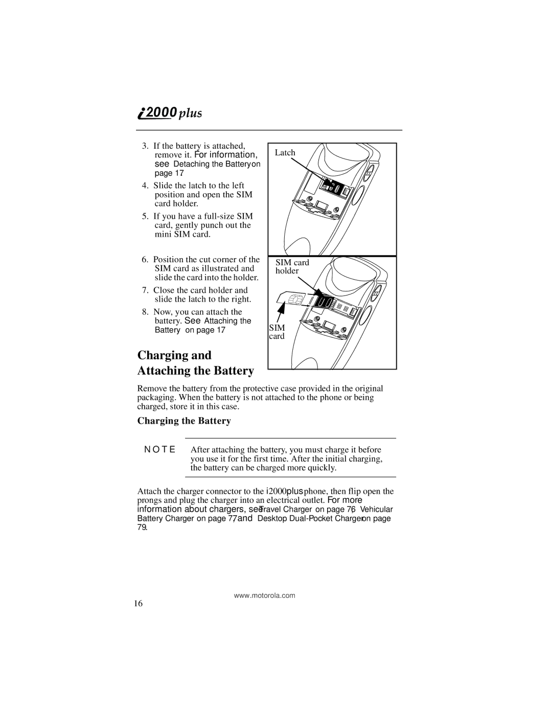 Motorola i2000plus manual Charging and Attaching the Battery, Charging the Battery 