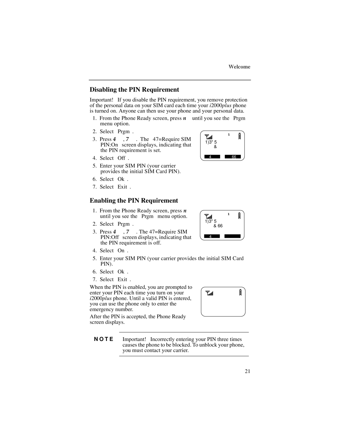 Motorola i2000plus manual Disabling the PIN Requirement, Enabling the PIN Requirement 