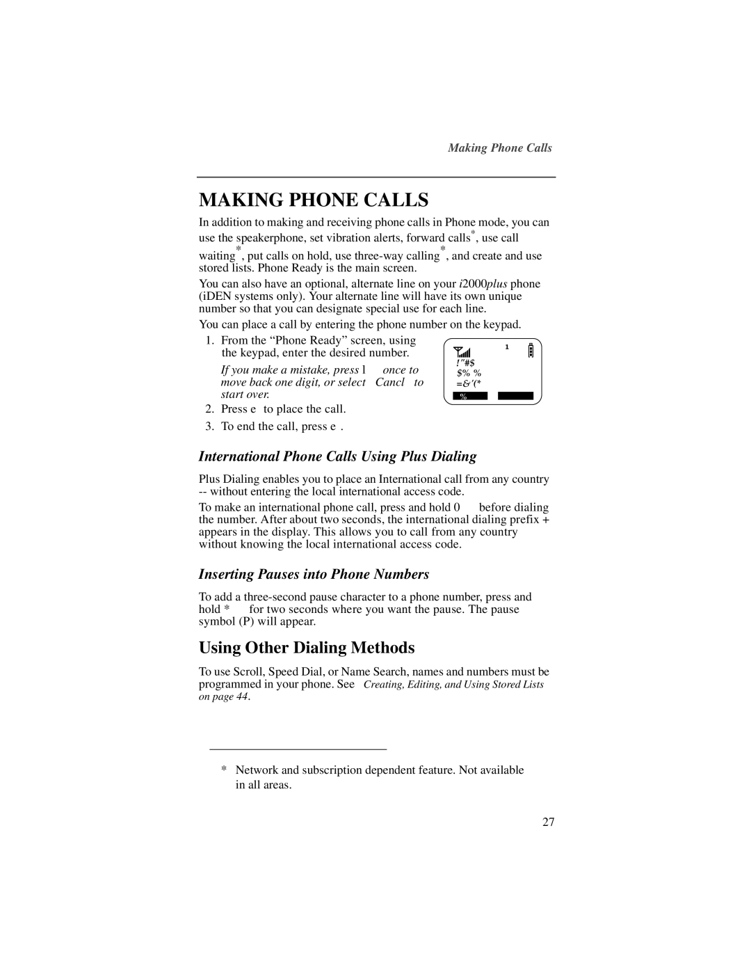 Motorola i2000plus manual Making Phone Calls, Using Other Dialing Methods, International Phone Calls Using Plus Dialing 