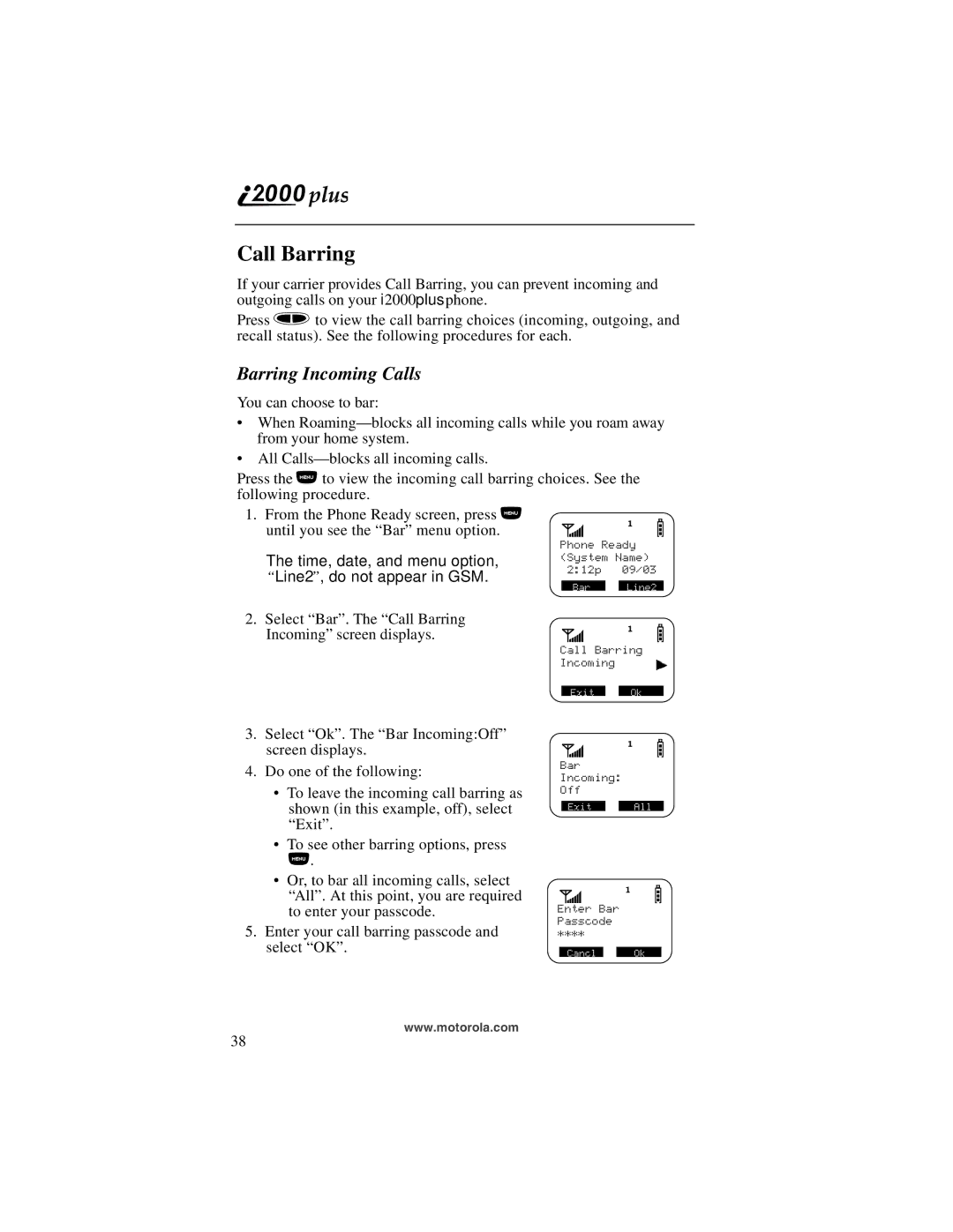 Motorola i2000plus manual Call Barring, Barring Incoming Calls 